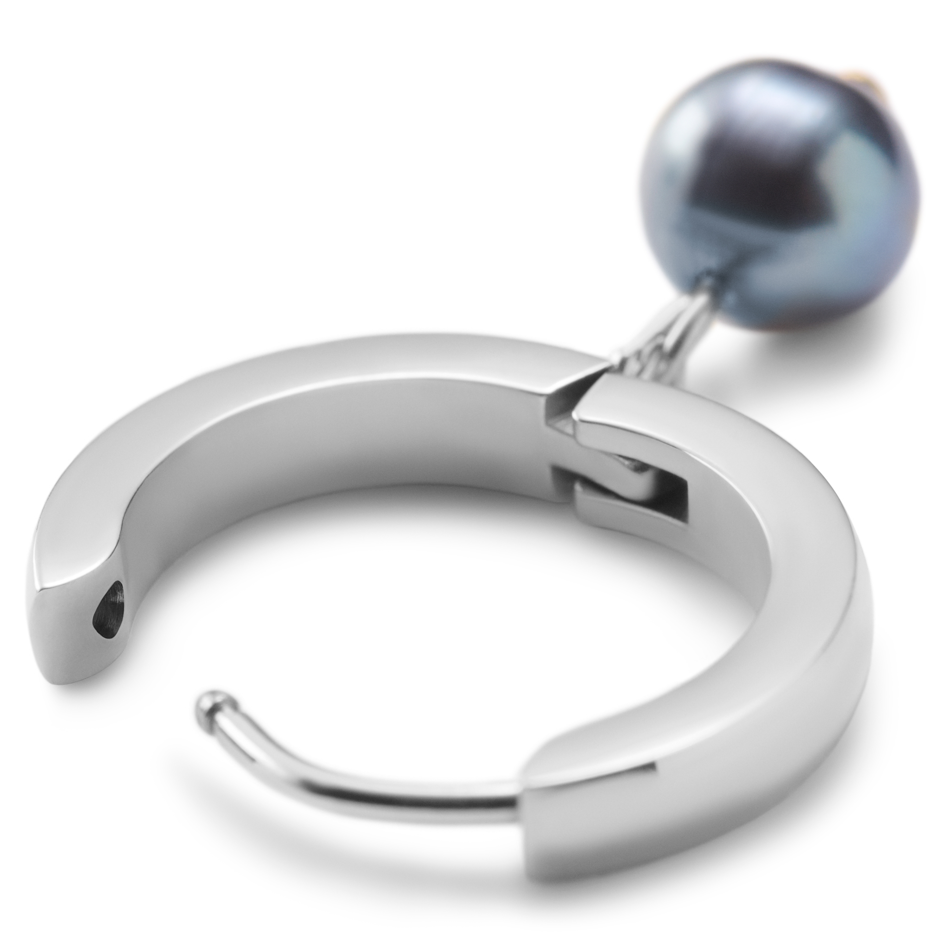 Ocata | Silver-Tone & Black Pearl Pendant Hoop Earring - 2