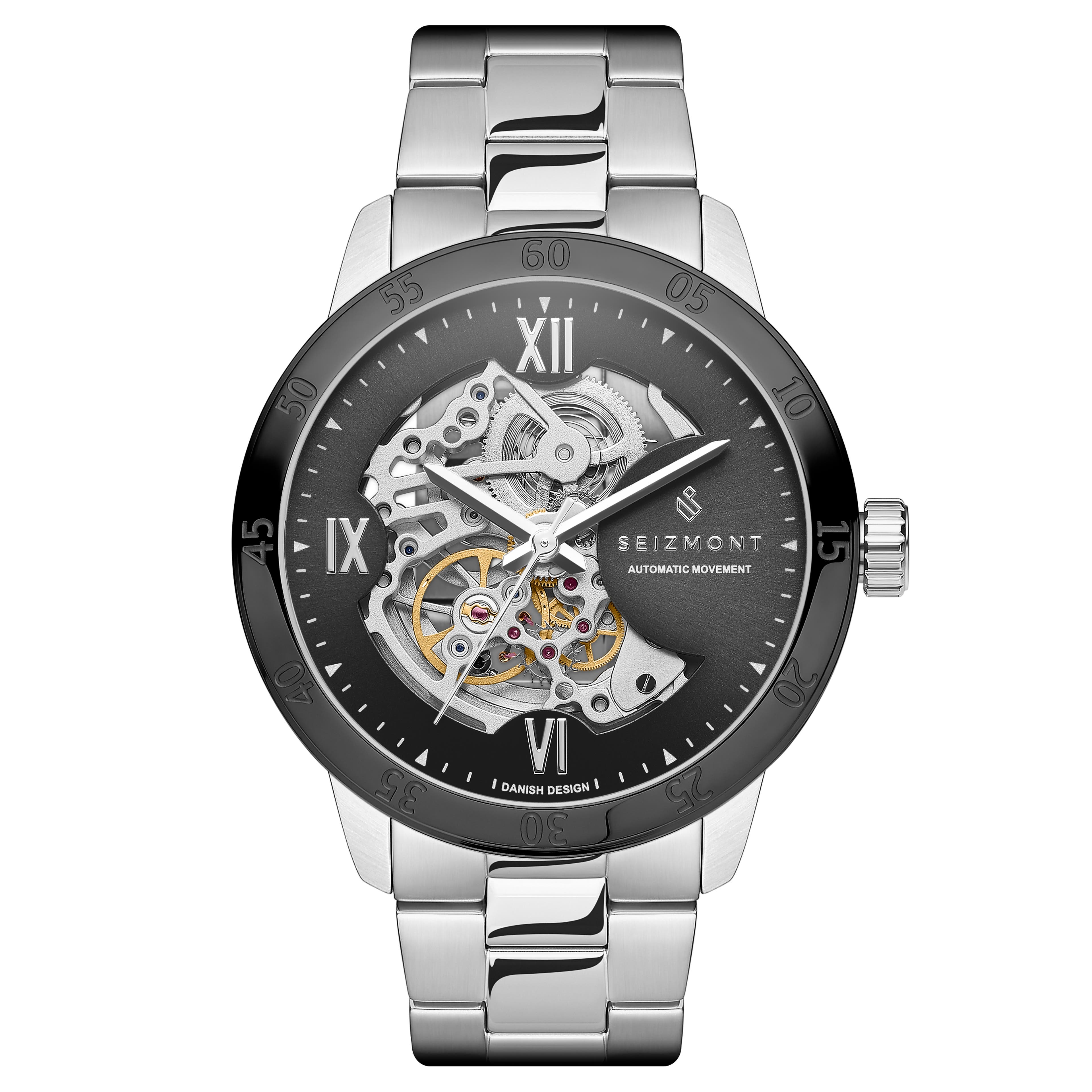 Dante II |  Srebrzysto-czarny zegarek z widocznym mechanizmem