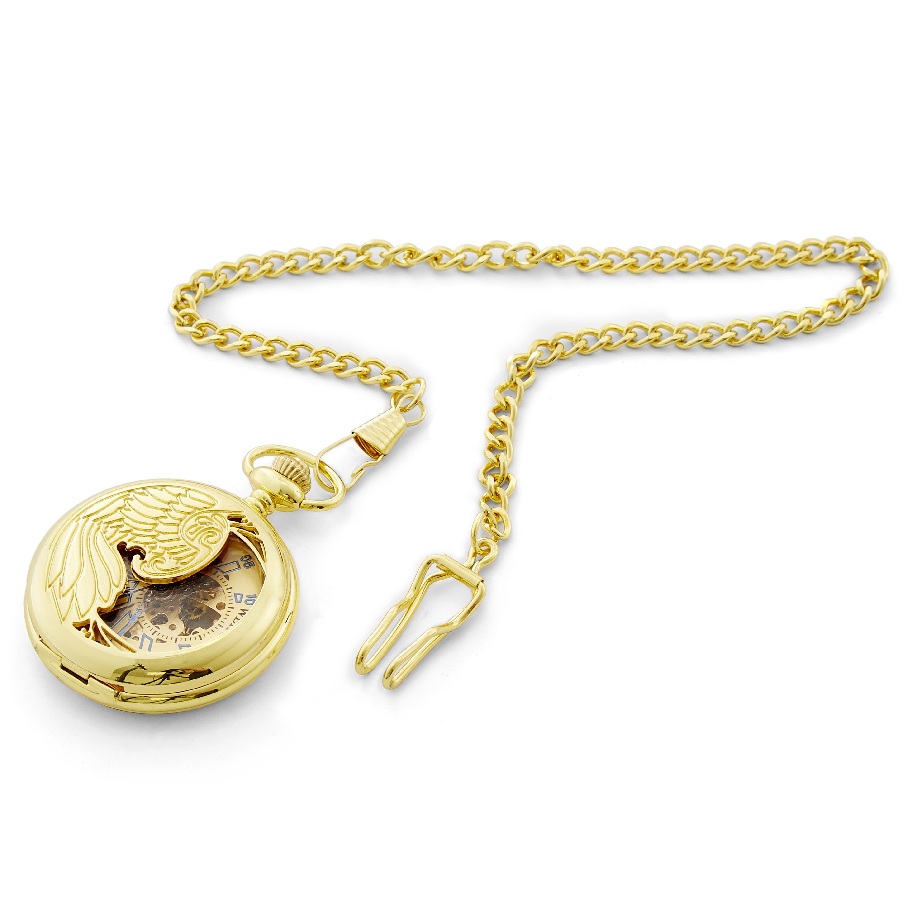 Gold-Tone Phoenix Skeleton Pocket Watch With Gold-Tone Cable Chain