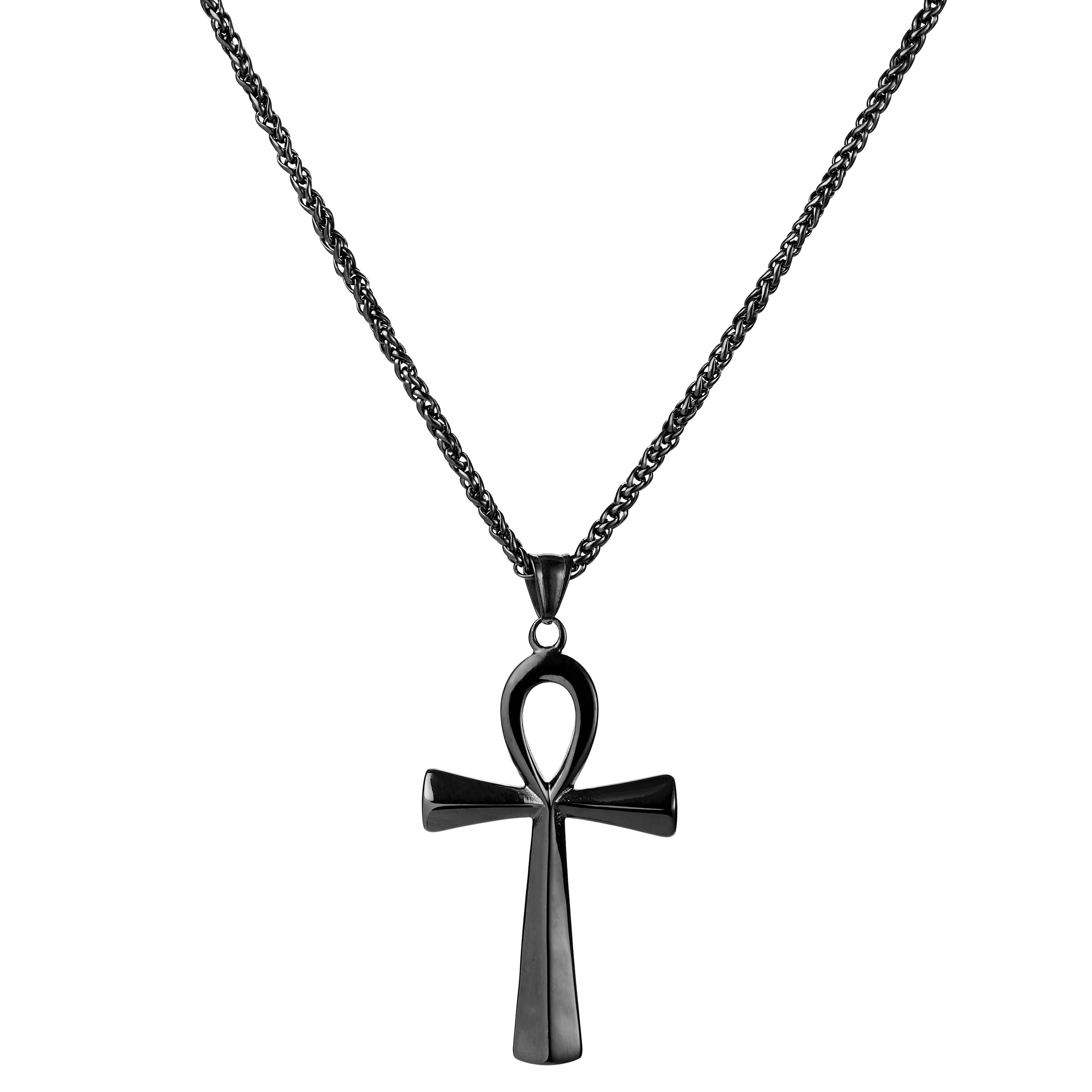 Černý ocelový náhrdelník s křížkem Ankh