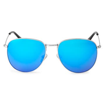 Thea | Silver-Tone & Blue-Mirror Stainless Steel Aviator Sunglasses