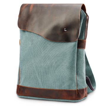 Plátený ruksak v retro štýle v mätovej zelenej farbe s tmavými koženými detailmi