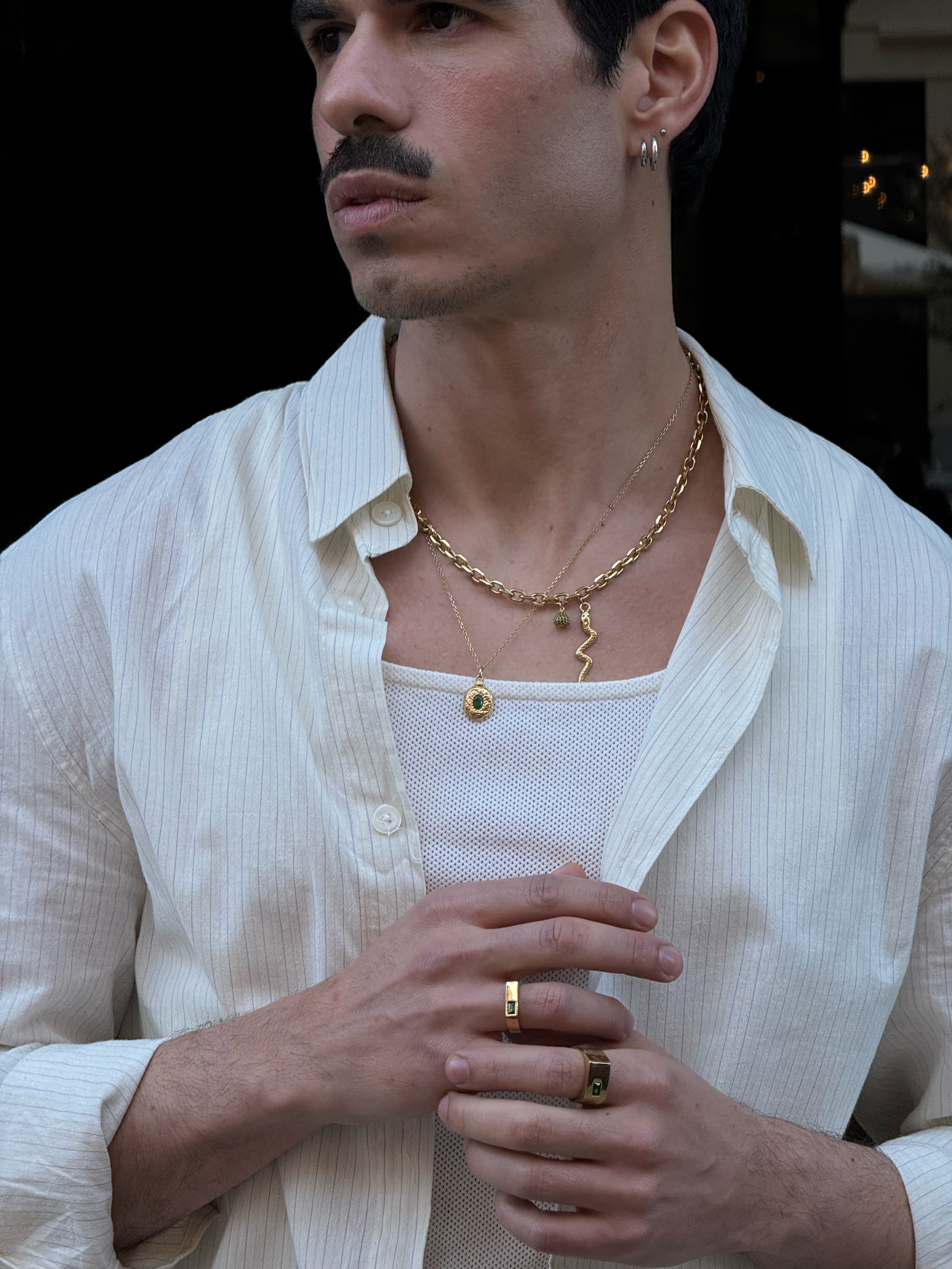 Mediterranean | Gold-Tone Stainless Steel Emerald Bar Signet Ring - 5
