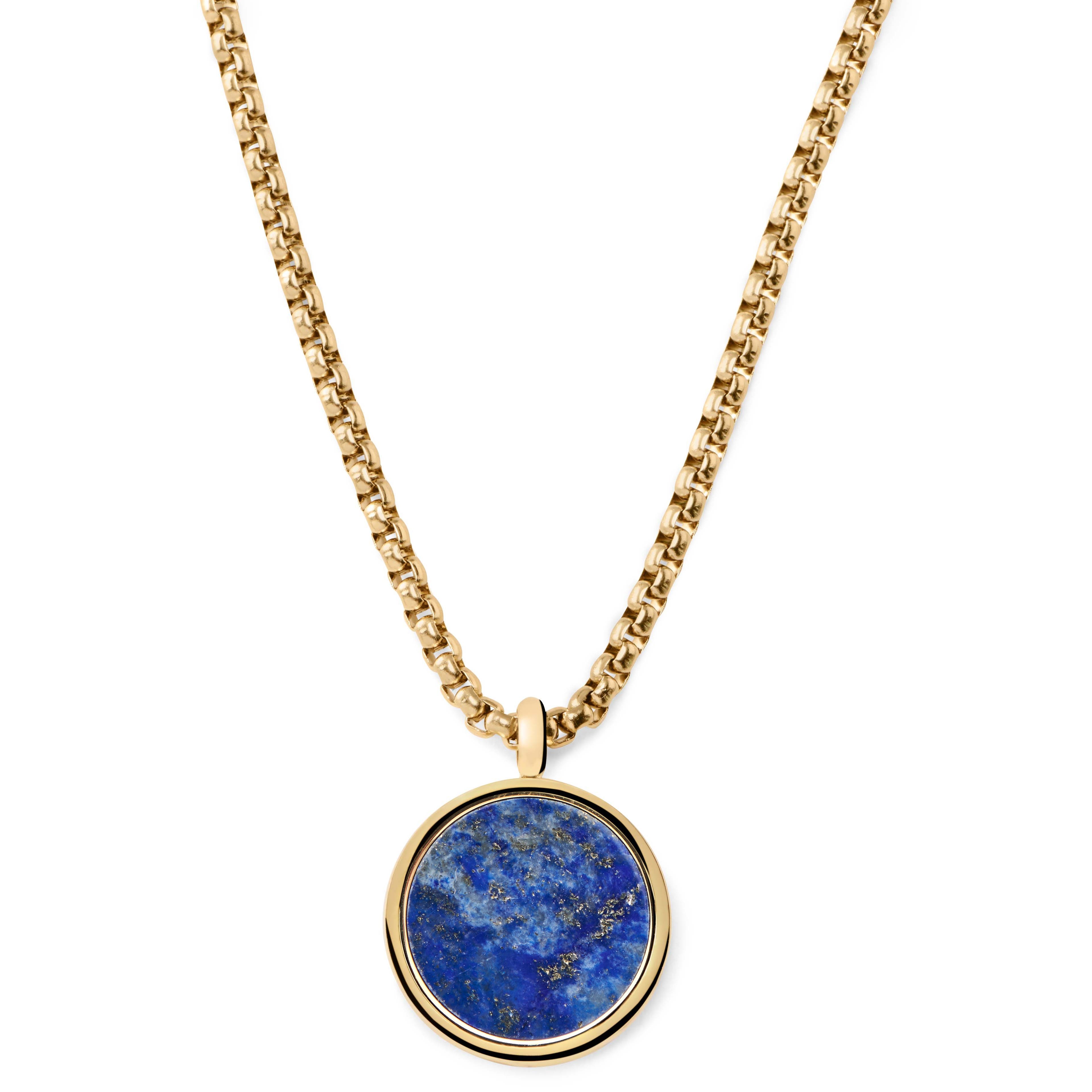 Orisun | Colier auriu din oțel inoxidabil cu lapis lazuli și pandantiv rotund