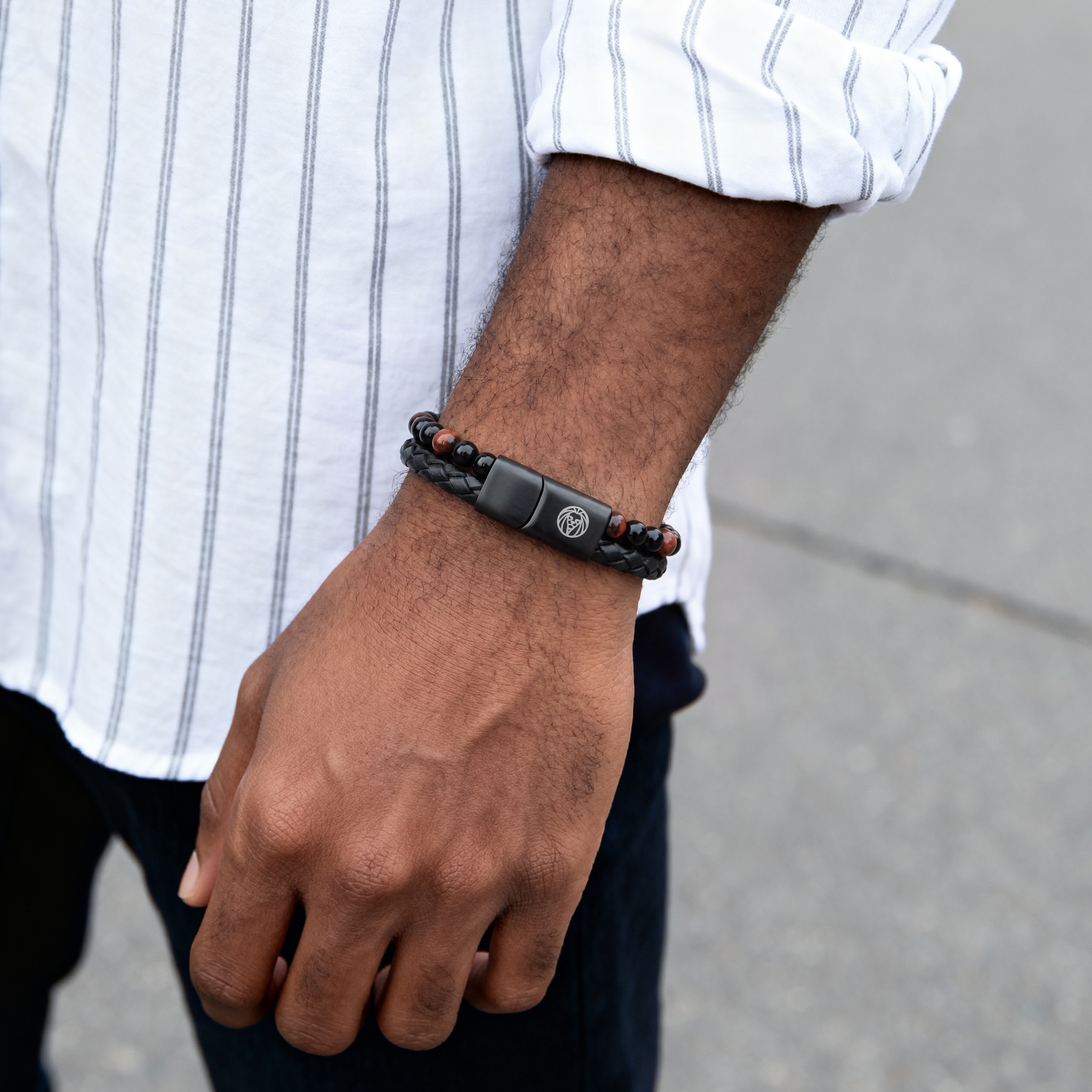 Red Tiger's Eye & Leather Icon Bracelet | In stock! | Lucleon