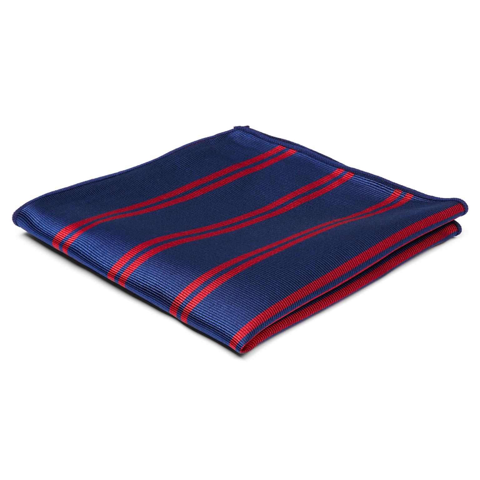 Pochette de costume en soie bleu marine à rayures rouge écarlate Pochette de costume en soie bleu marine à rayures rouge écarlate