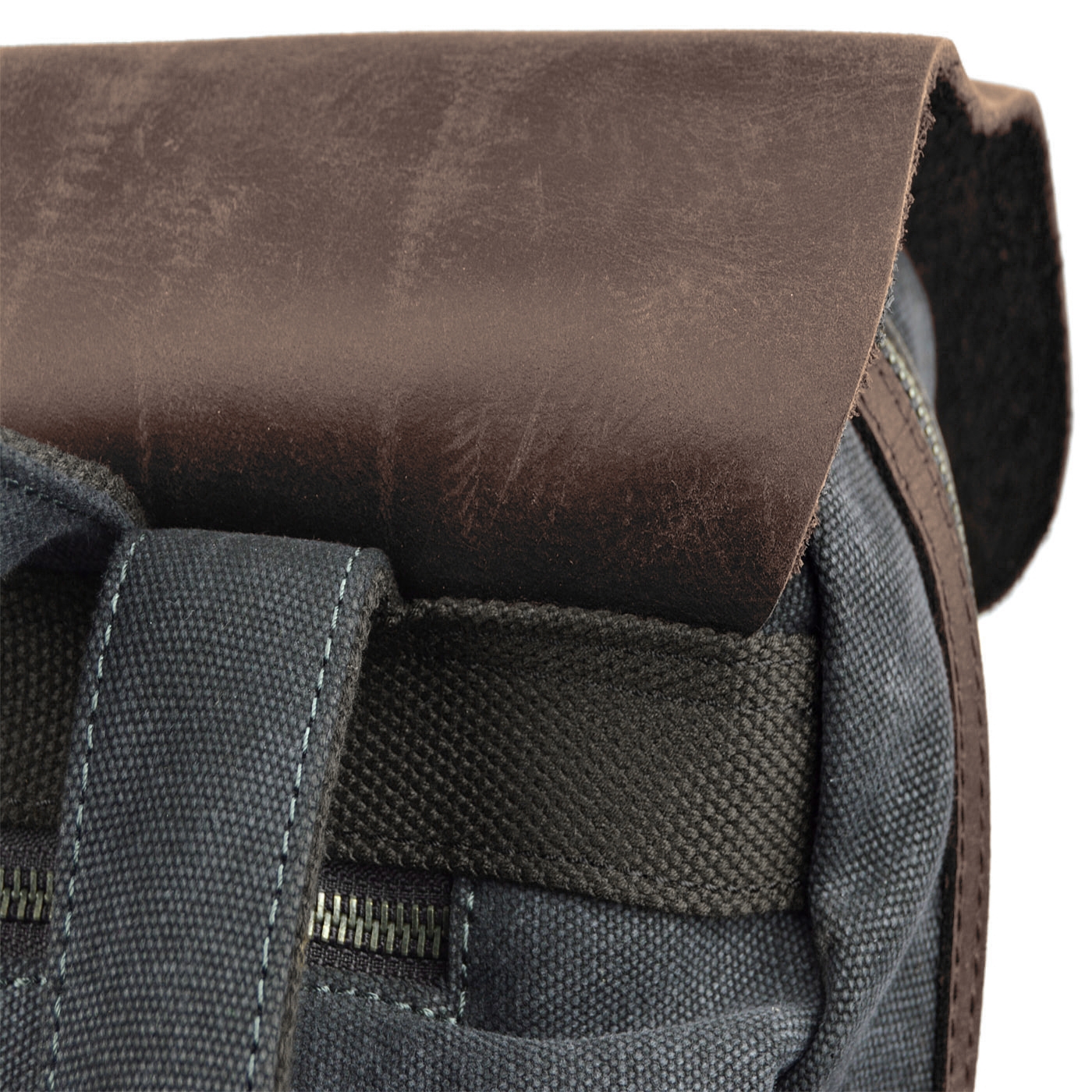 Retro-Rucksack aus grauem Canvas und dunklem Leder - 11