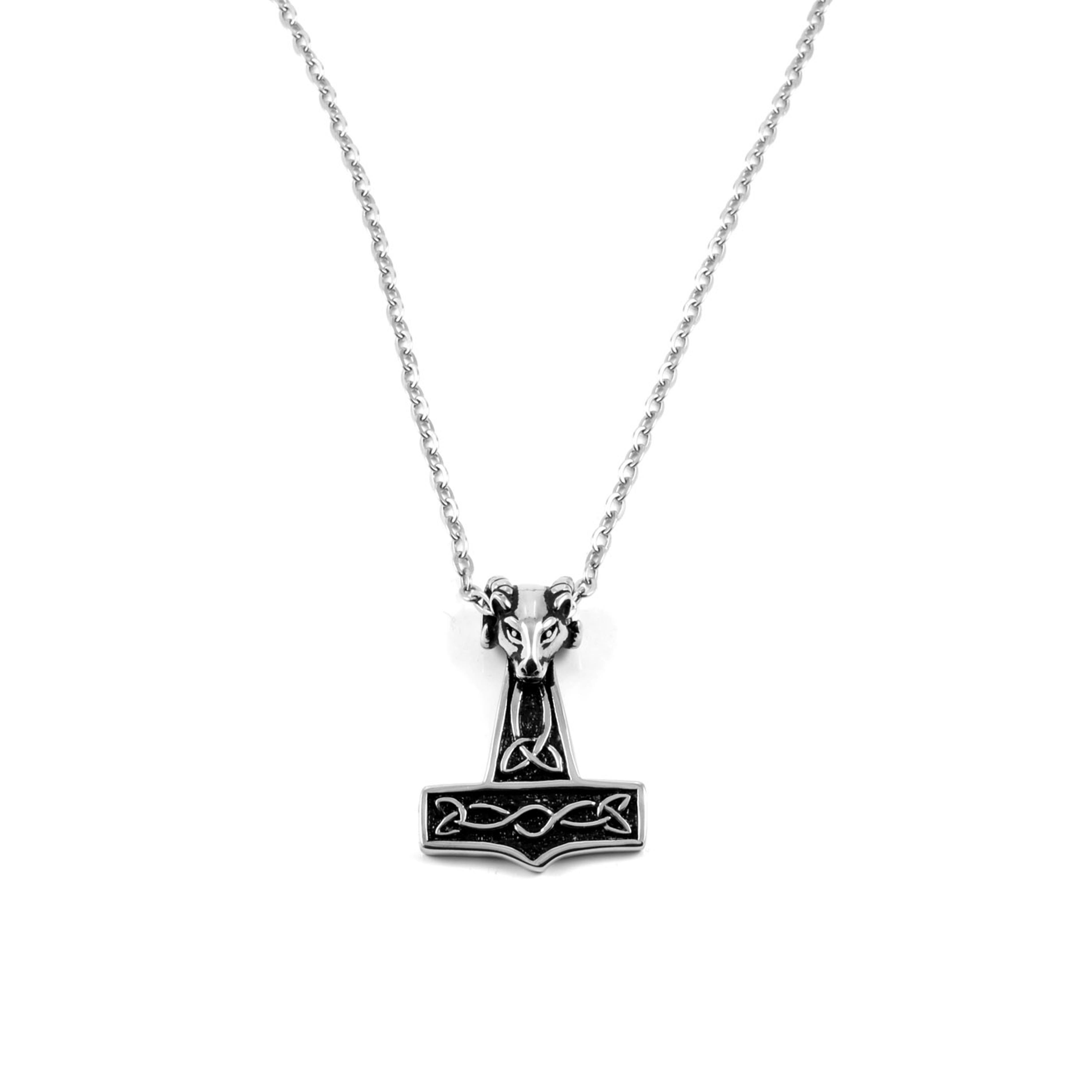 Silver-Tone & Black Stainless Steel Thor's Hammer Cable Chain Necklace