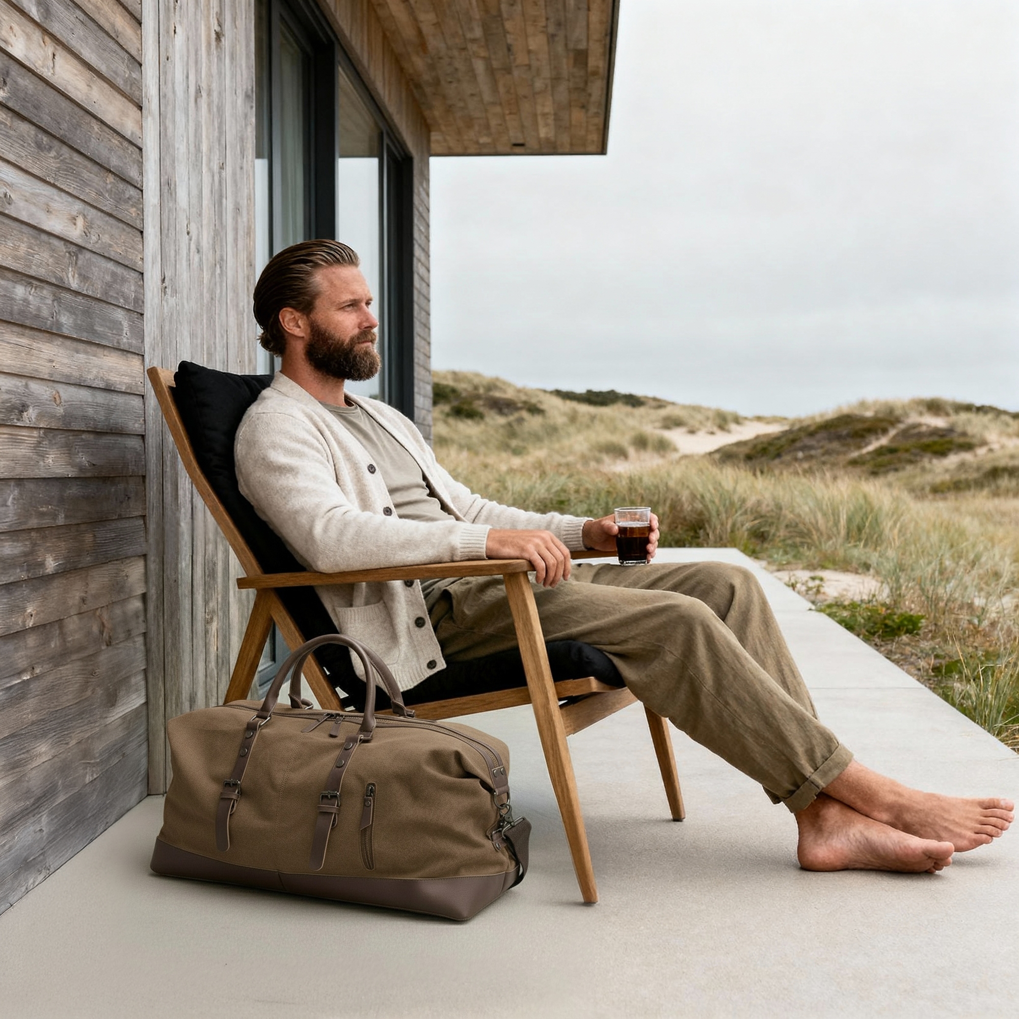 Vintage Caramel Canvas and Brown Leather Duffel Bag - 2