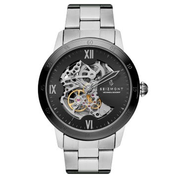 Dante | Silver-Tone Stainless Steel Skeleton Watch With Black Dial & Silver-Tone Movement