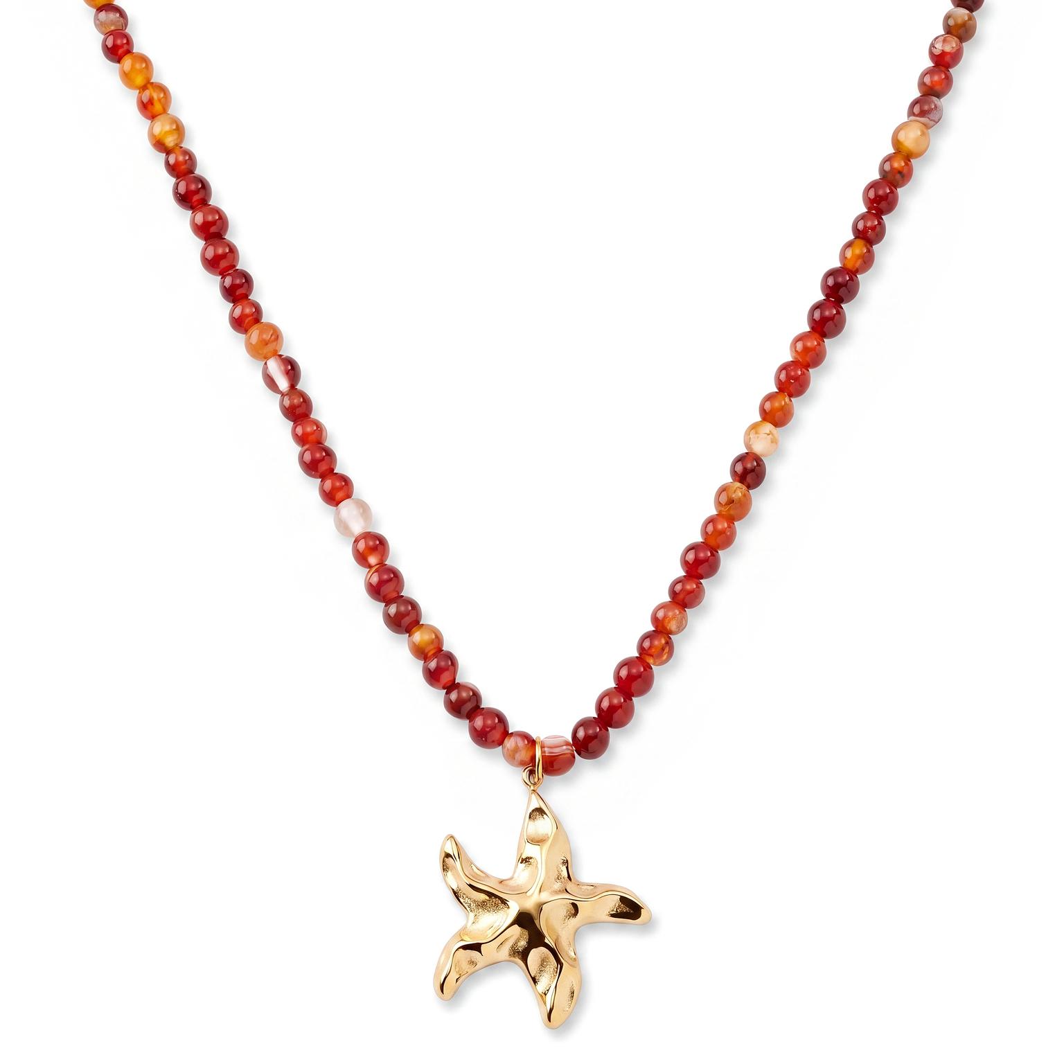 Mediterranean | Ketting met rode natuurstenen kralen en zeesterbedel Mediterranean | Ketting met rode natuurstenen kralen en zeesterbedel