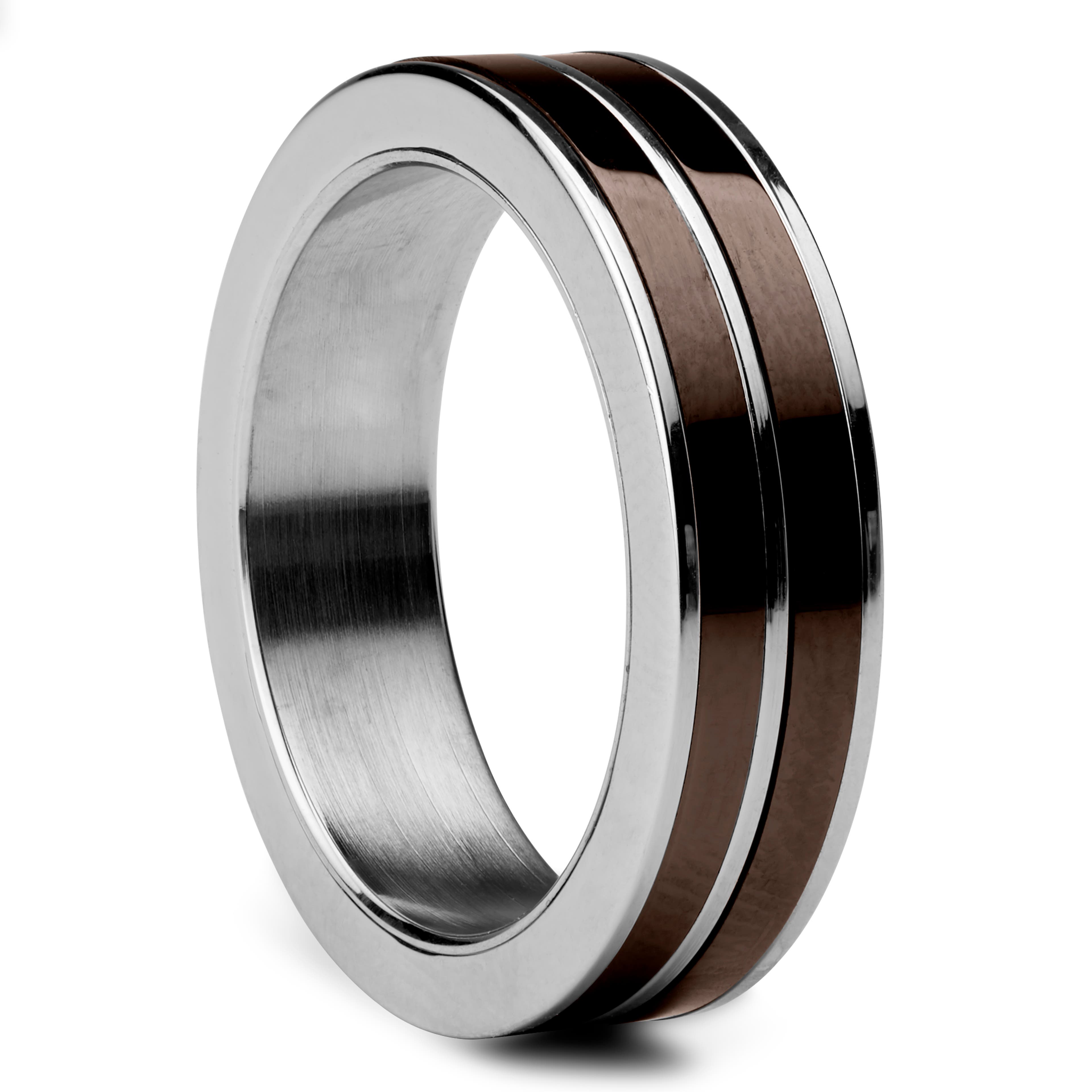 Kávově-stříbrný ocelový a keramický prsten