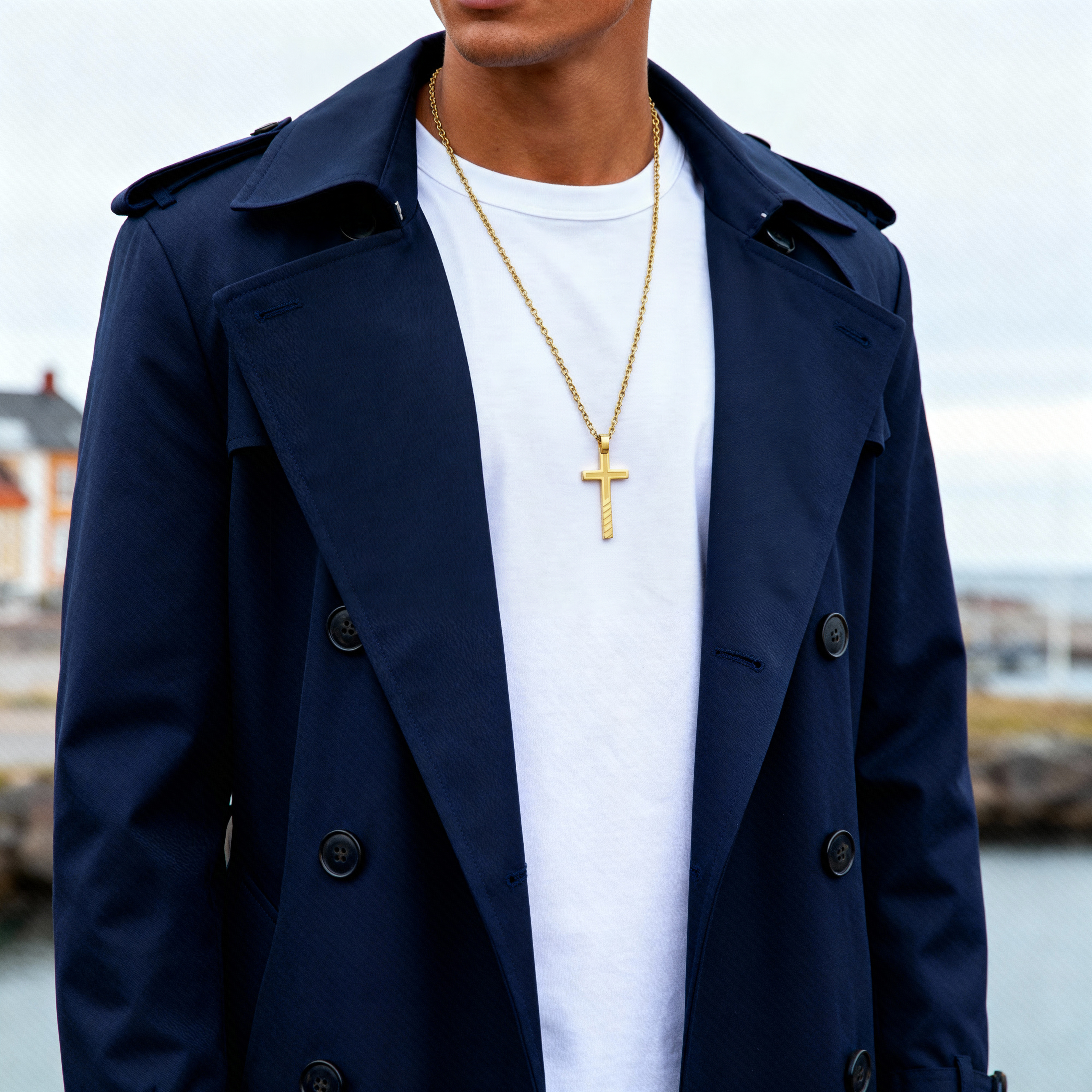 Linien Kreuzkette Goldfarben Edelstahl  - 2