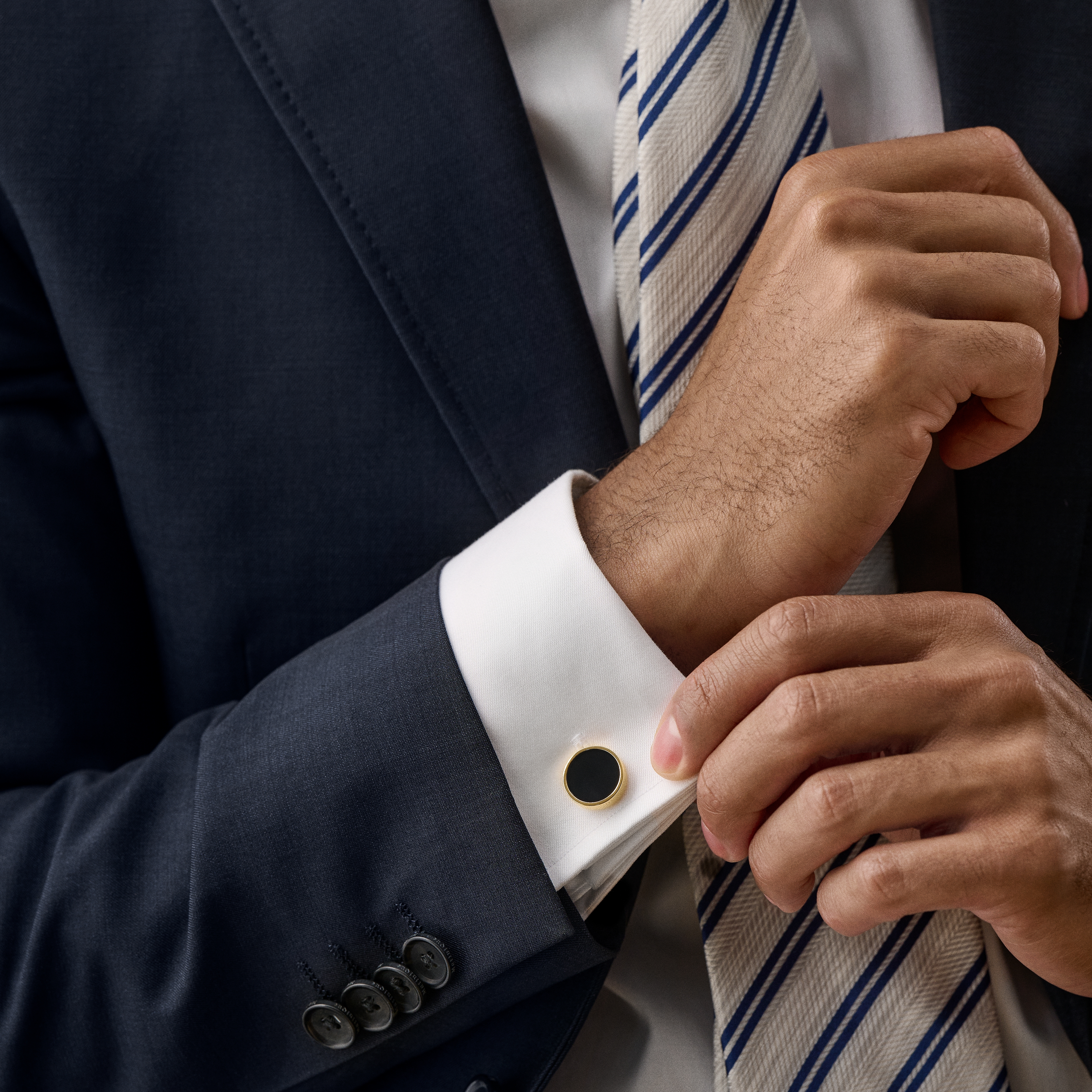 Round Gold-Tone Cufflinks with Onyx Inlay - 3