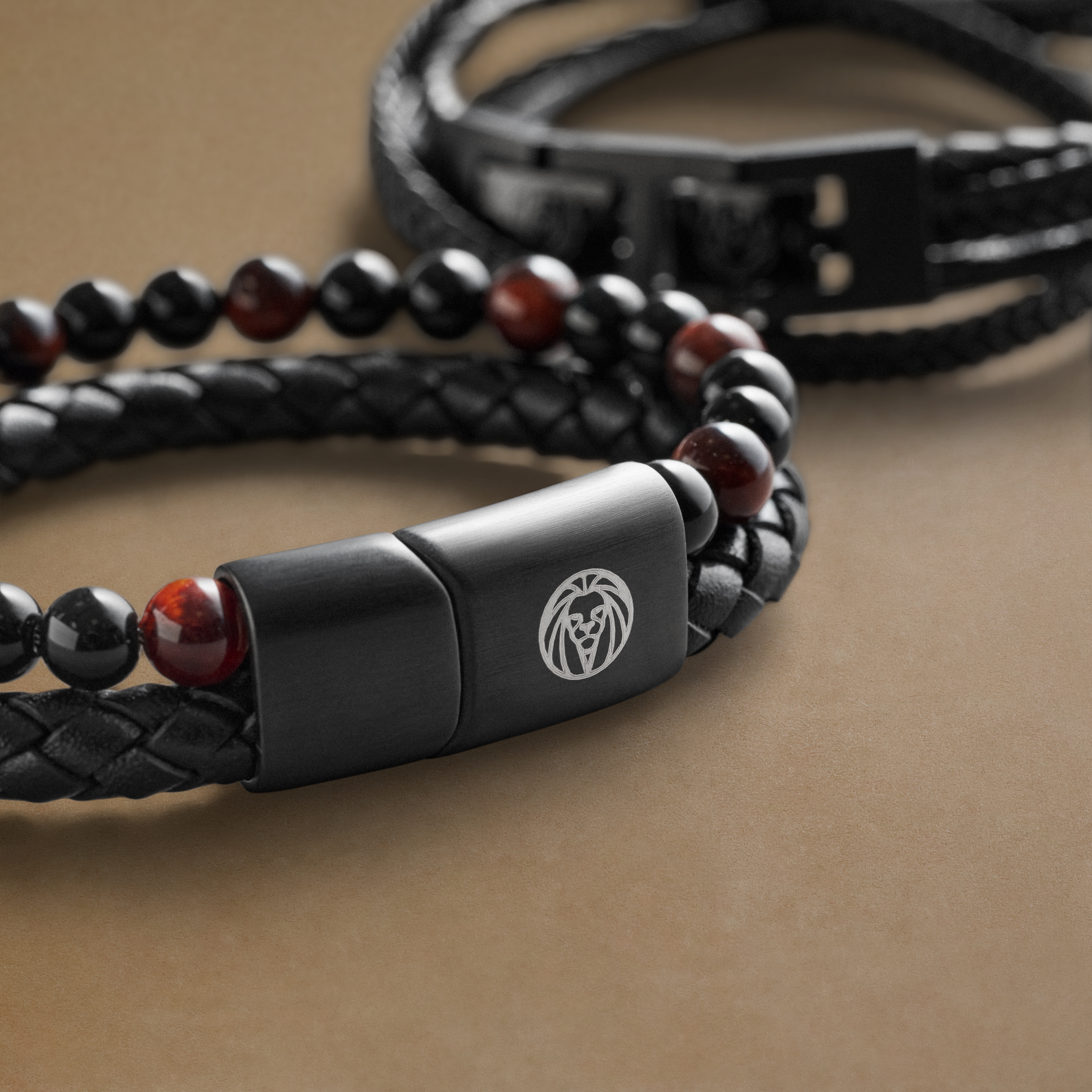 Medium | Red Tiger's Eye & Black Leather Bracelet Gift Box - 4