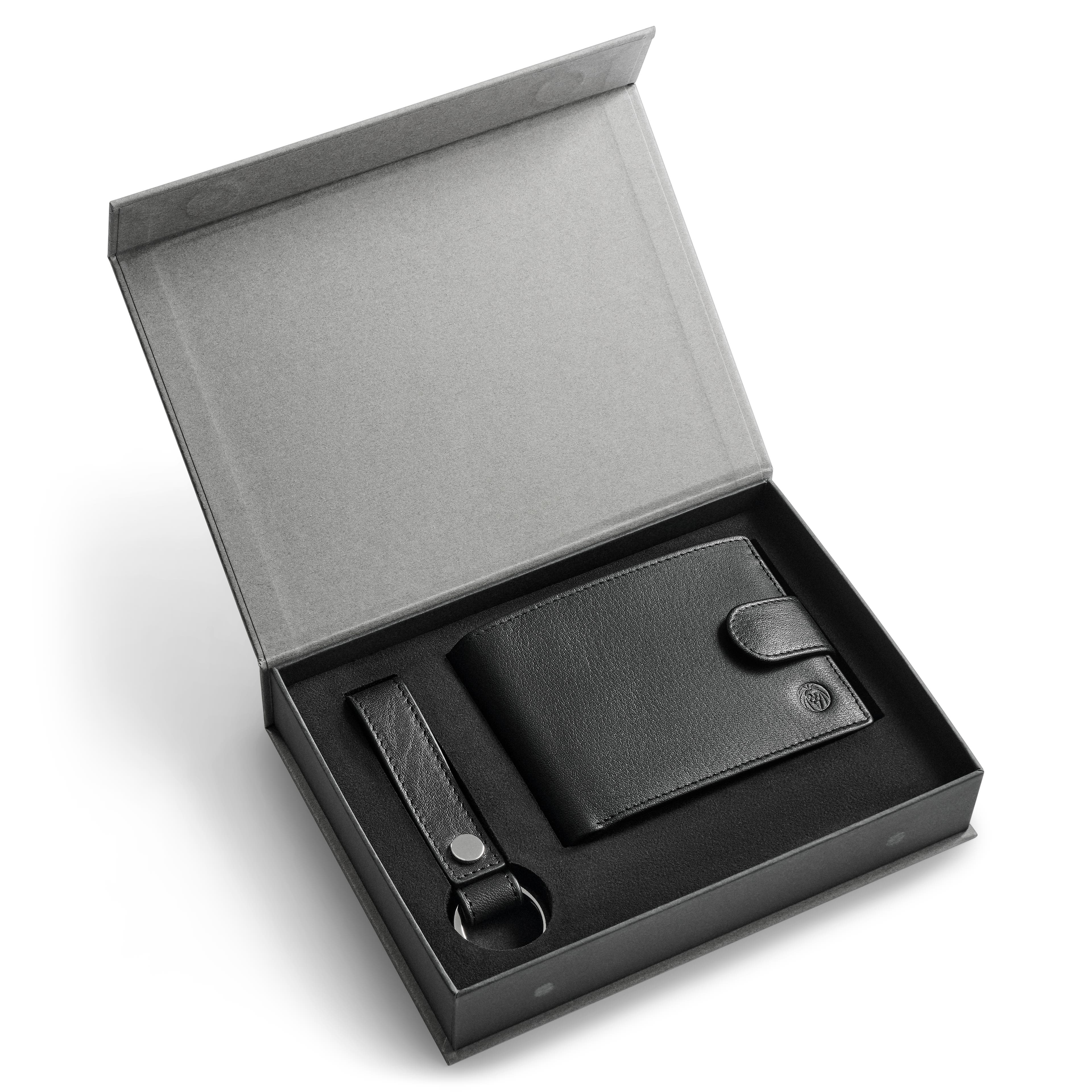 Coffret-cadeau avec portefeuille en cuir de buffle noir à blocage RFID