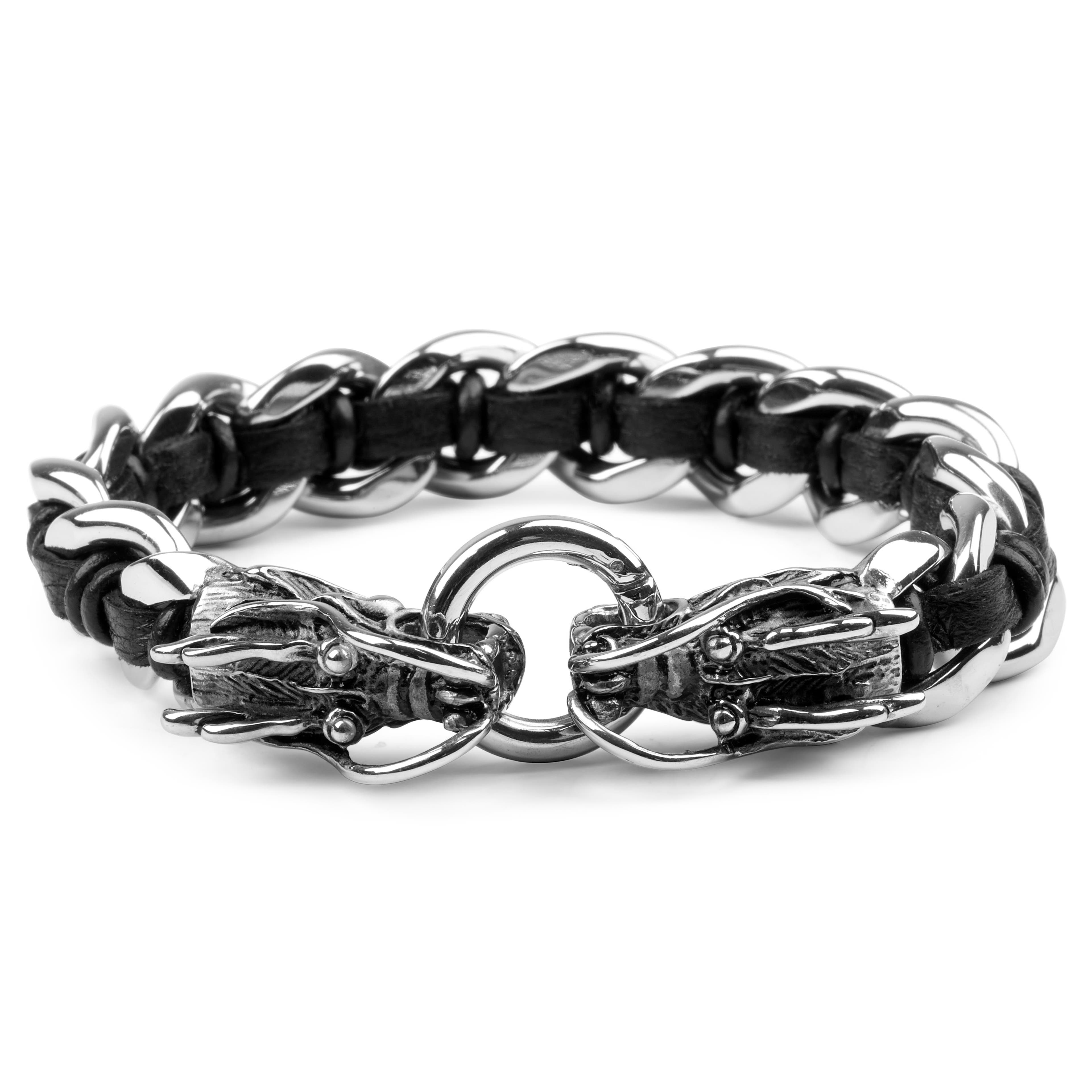Black Leather & Stainless Steel Curb Chain Dragon Bracelet