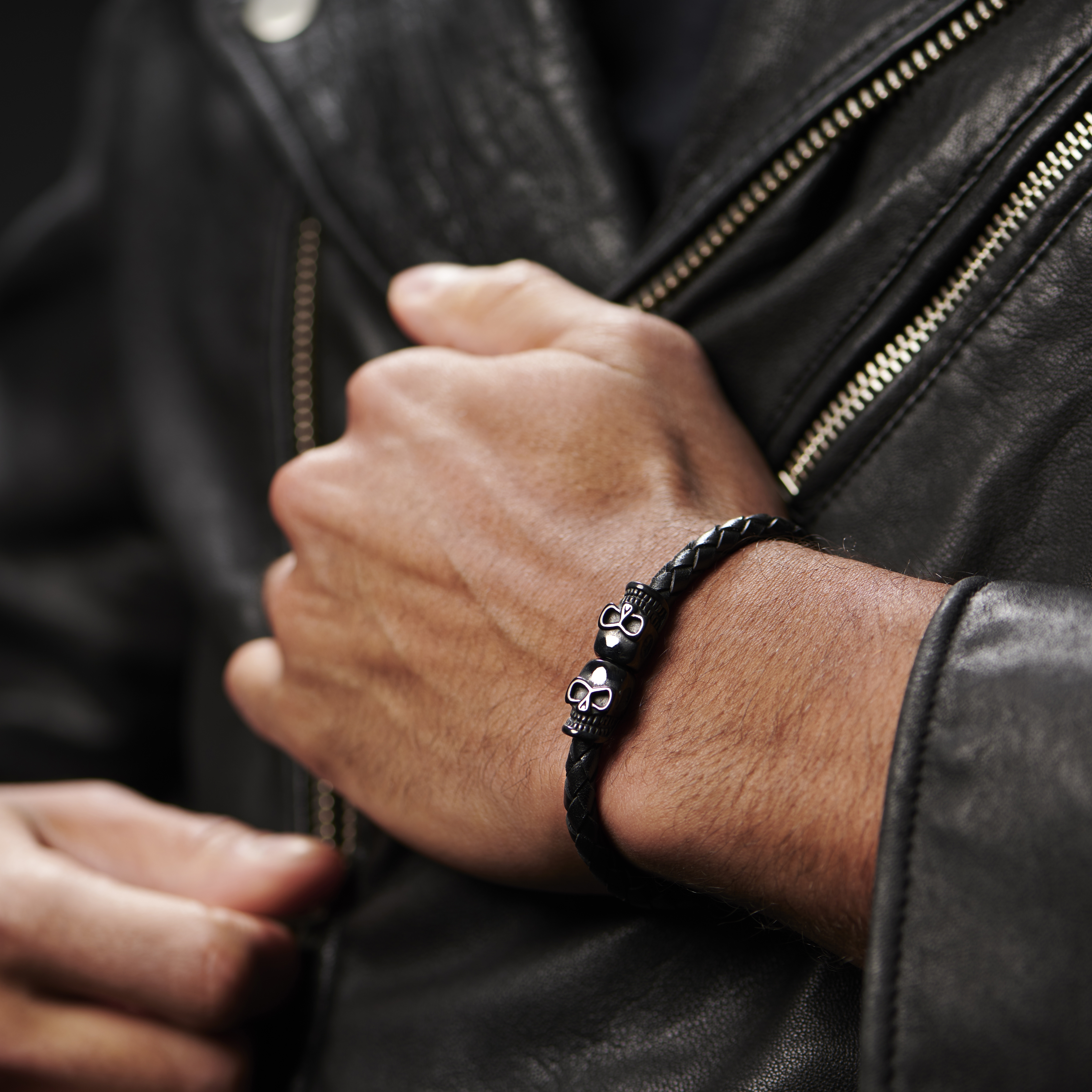 Svart Dödskalle Läderarmband - 5