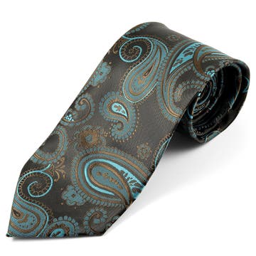 Широка копринена вратовръзка с тюркоазен пейсли мотив