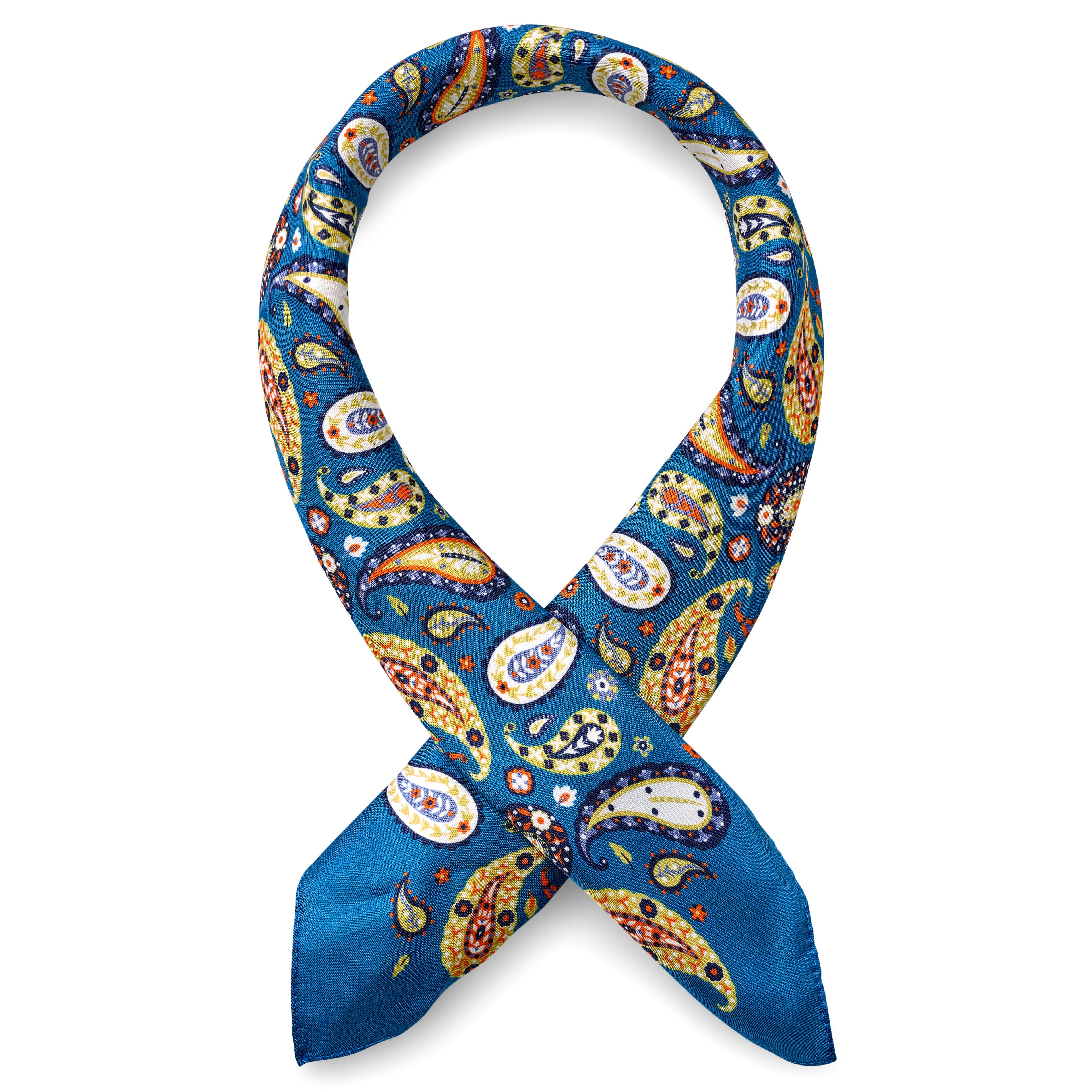 Virtuo | Pañoleta de seda con estampado de cachemira en azul y amarillo Virtuo | Pañoleta de seda con estampado de cachemira en azul y amarillo