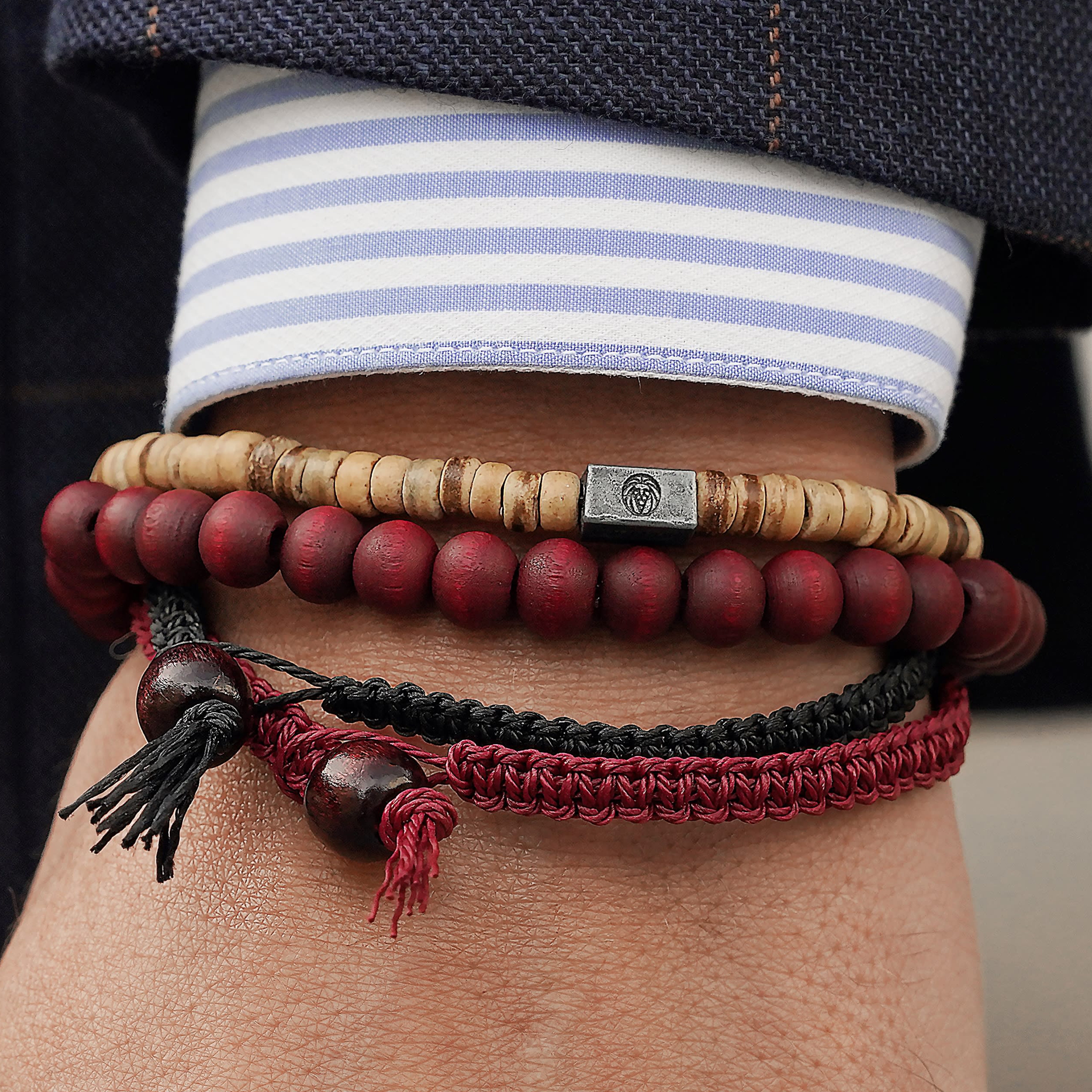 Red, Brown & Black With Wood, Coconut & Cotton Bracelet Set