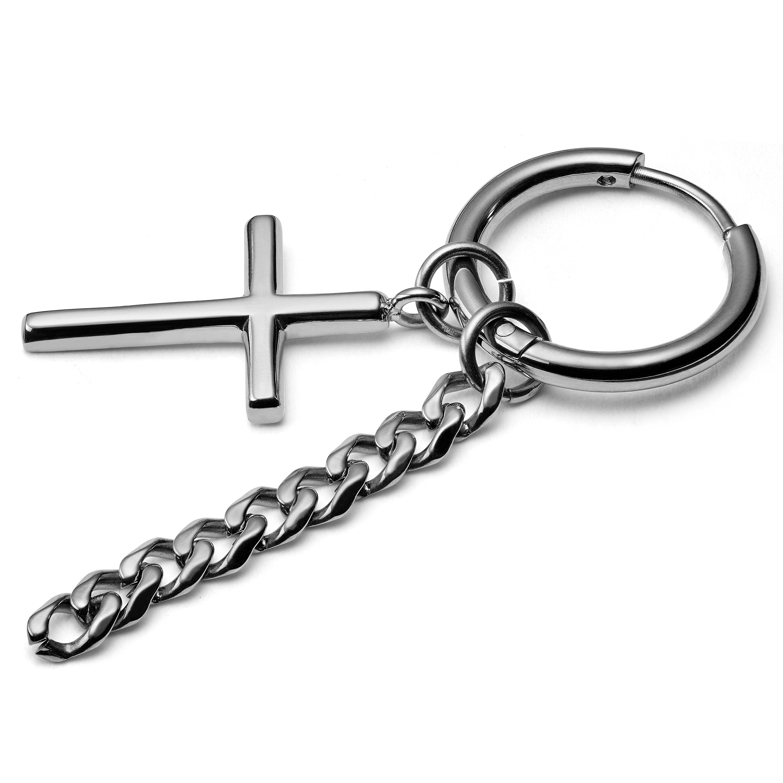 Silver-Tone Stainless Steel Cross & Chain Hoop Earring - 2