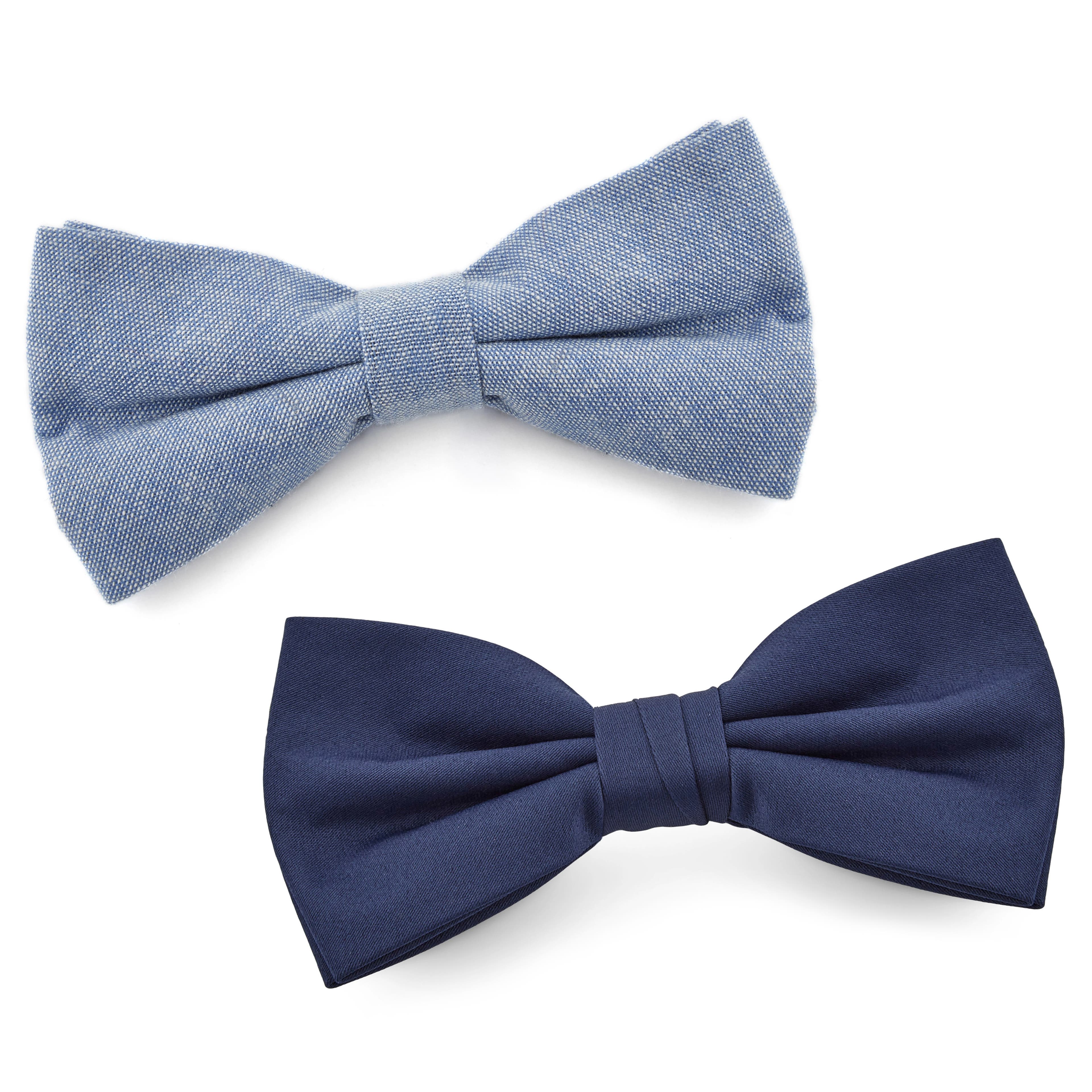 Pale Blue and Navy Pre-Tied Bow Tie Set