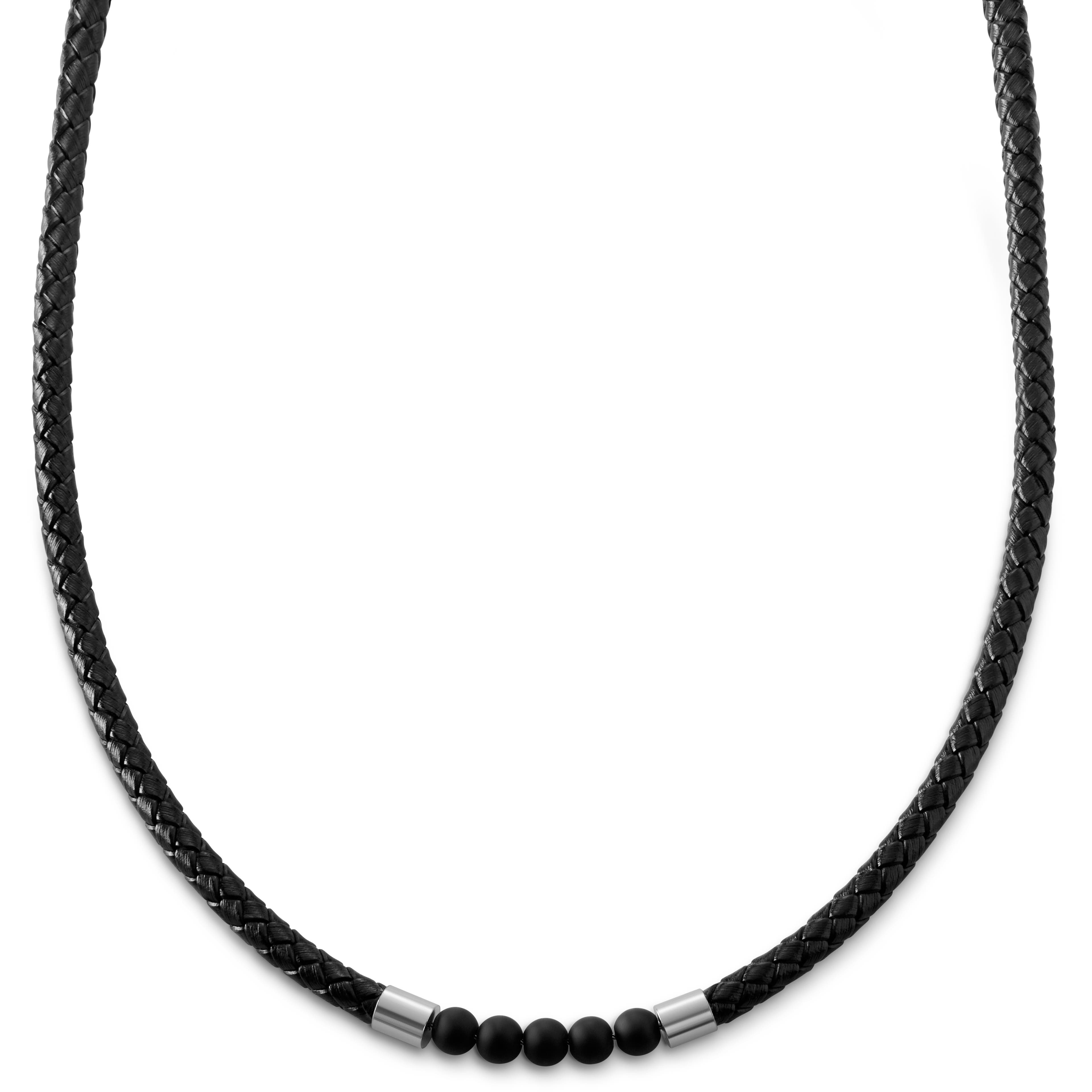 Tenvis | 5mm onyxový kožený náhrdelník stříbrné barvy