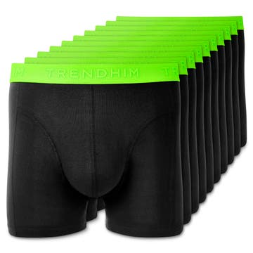 FlexFeel | Paquete de 10 calzoncillos bóxer de algodón negro con cinturilla verde neón FlexFeel | Paquete de 10 calzoncillos bóxer de algodón negro con cinturilla verde neón