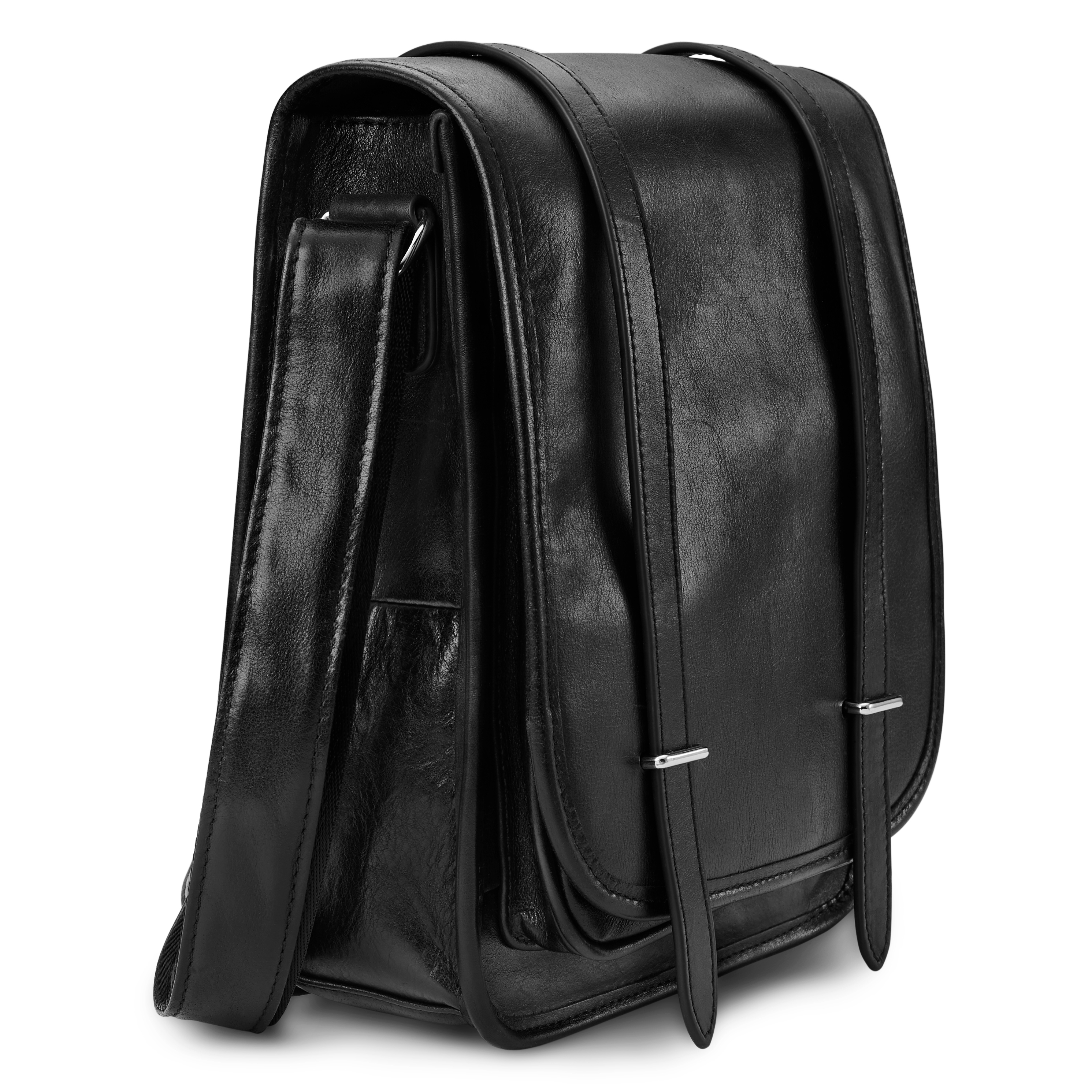 Черна кожена чанта за през рамо - 4