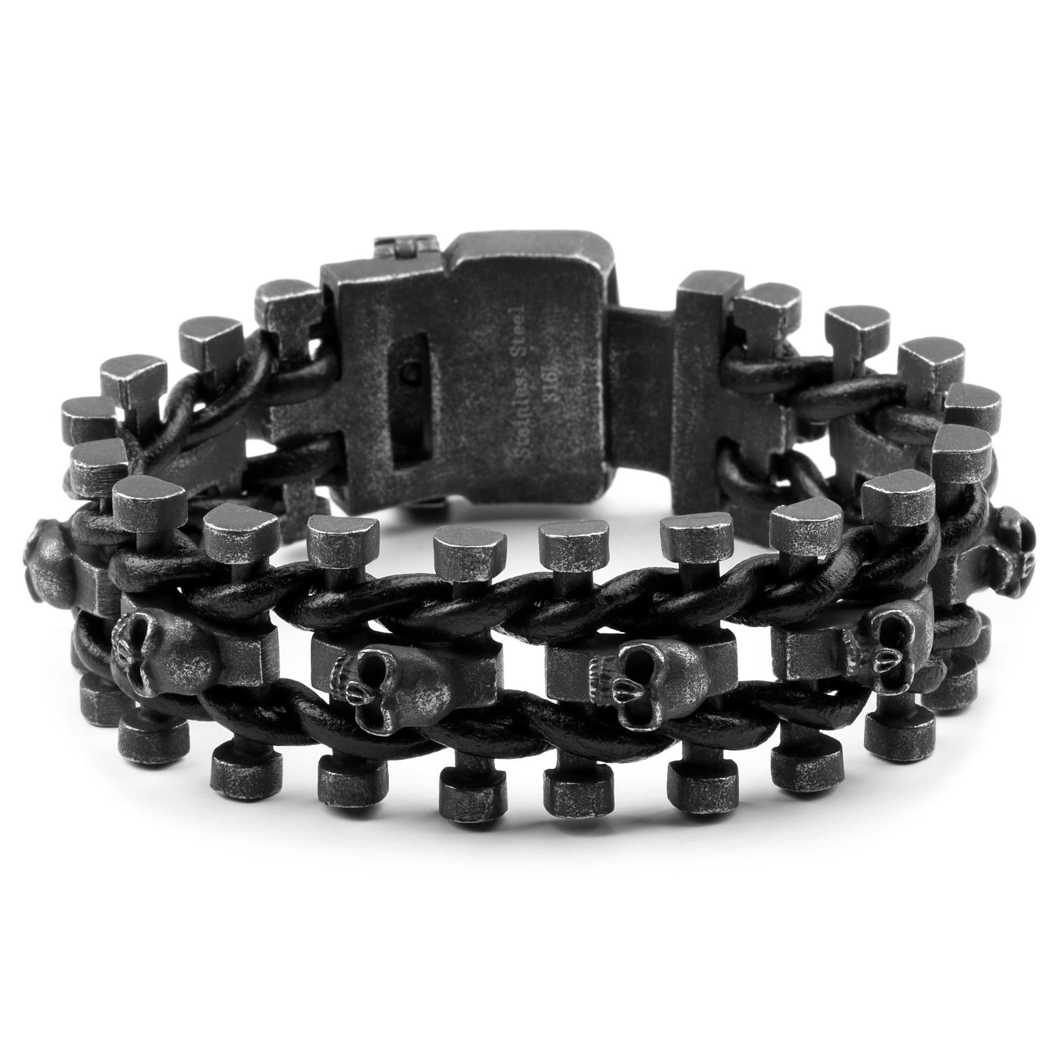 Sort Armbånd i Kirurgisk Stål med Kraniekæde Sort Armbånd i Kirurgisk Stål med Kraniekæde