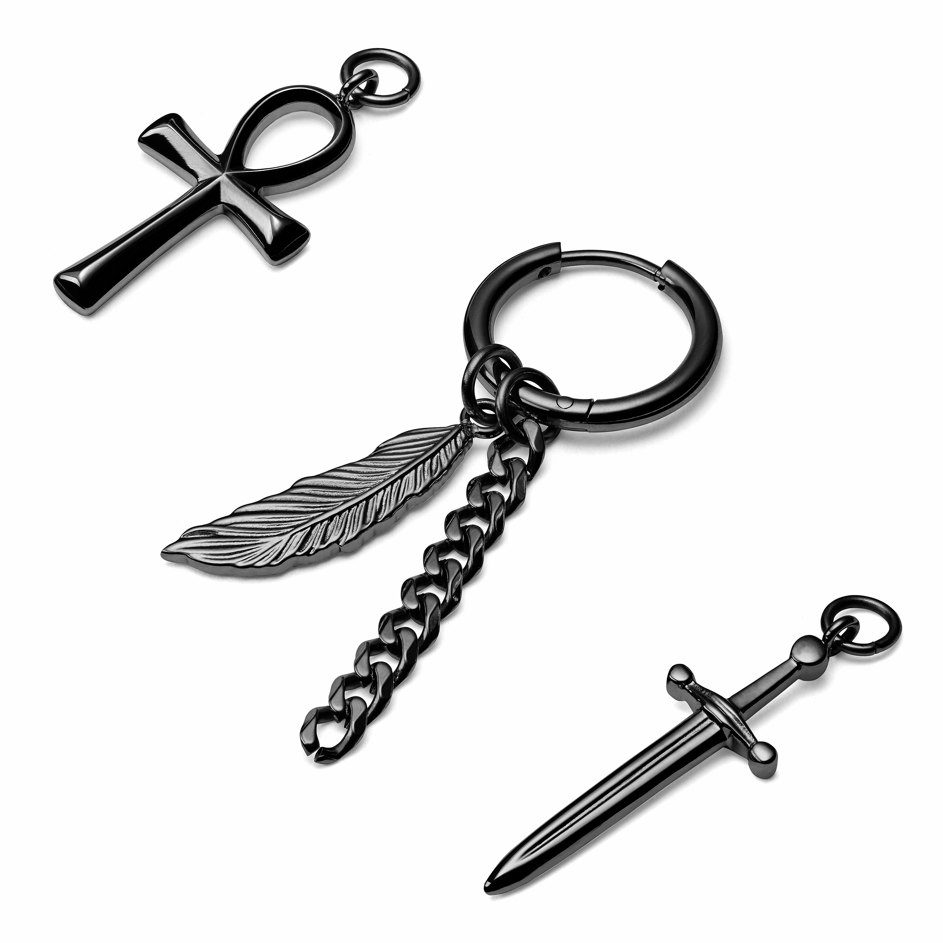 Black Steel Hoop Earring with 4 Charms - 2