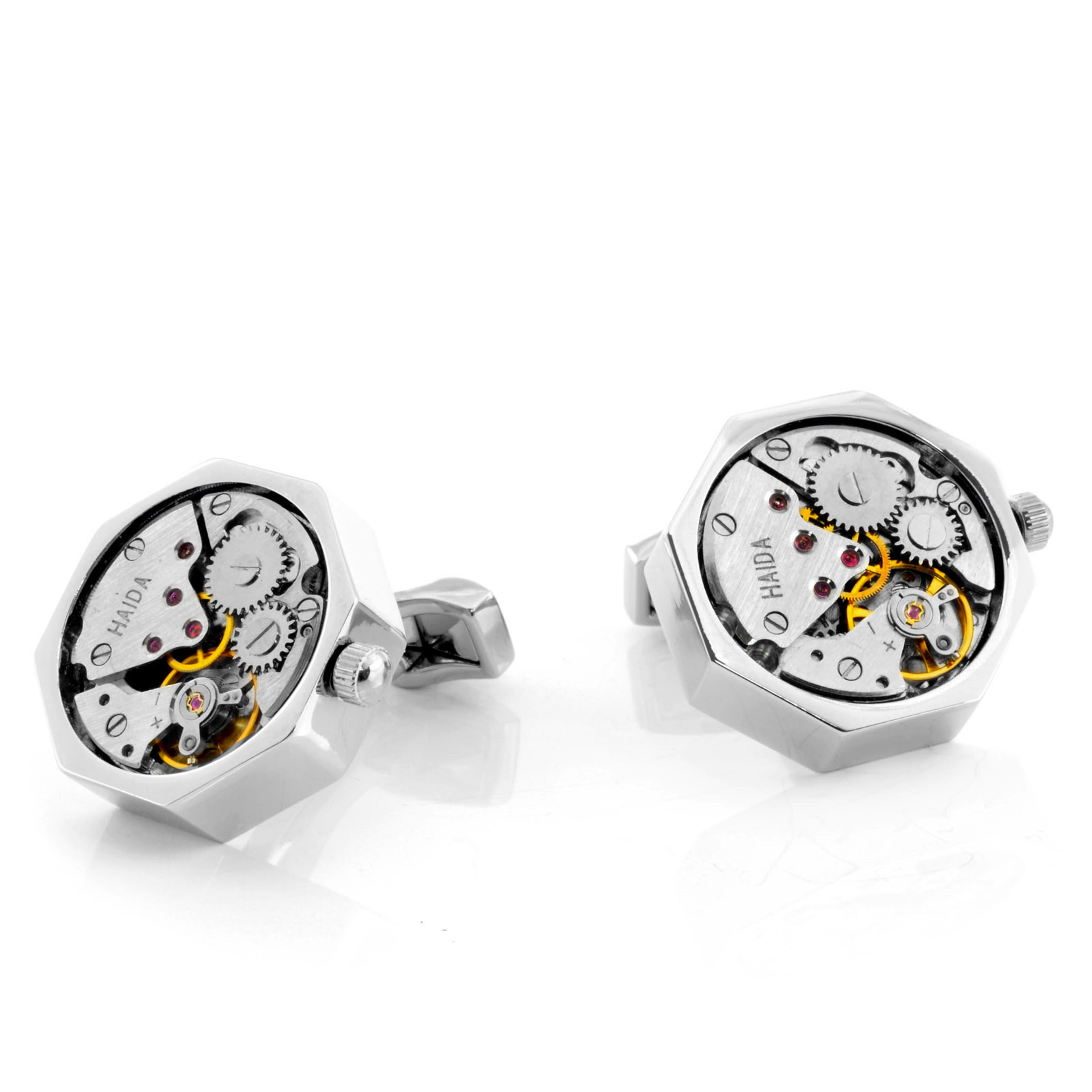 Octagonal Mechanical Movement Stainless Steel Clockwork Cufflinks