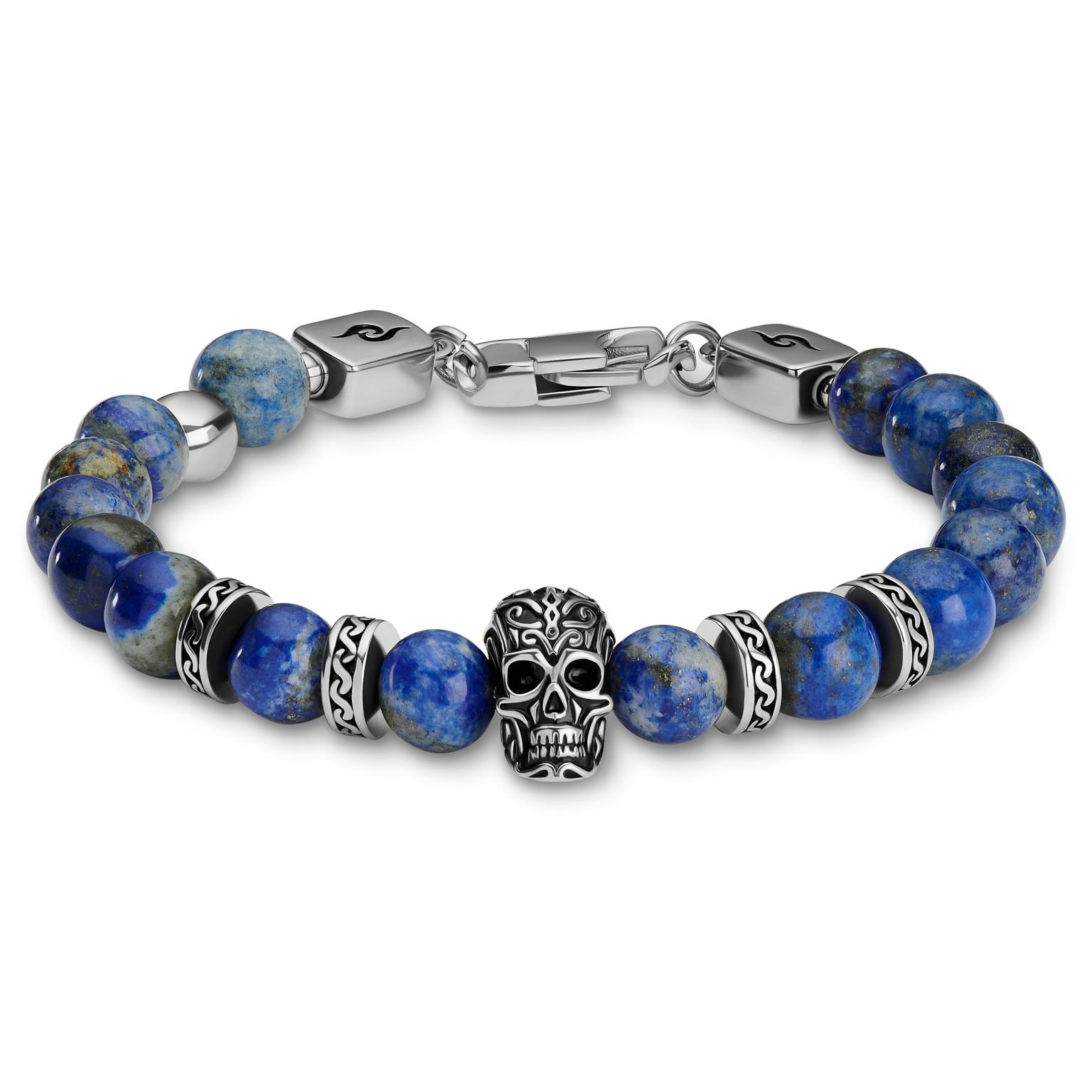 Rico | Brățară lapis lazuli cu craniu argintiu din oțel inoxidabil Rico | Brățară lapis lazuli cu craniu argintiu din oțel inoxidabil