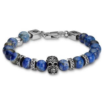 Rico | Bracelet en lapis-lazuli avec tête de mort en acier inoxydable argenté