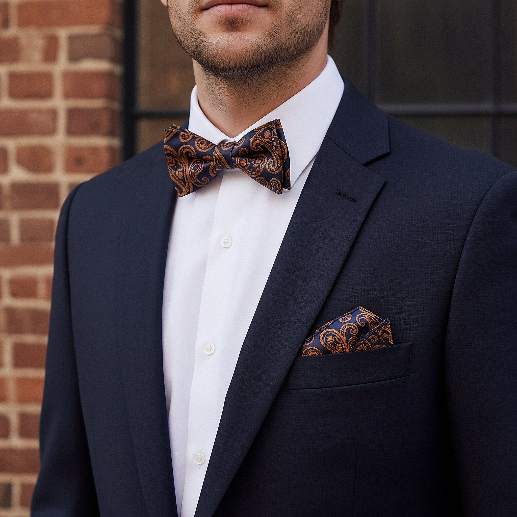 Navy & Orange Paisley Self-Tie Bow Tie - 4