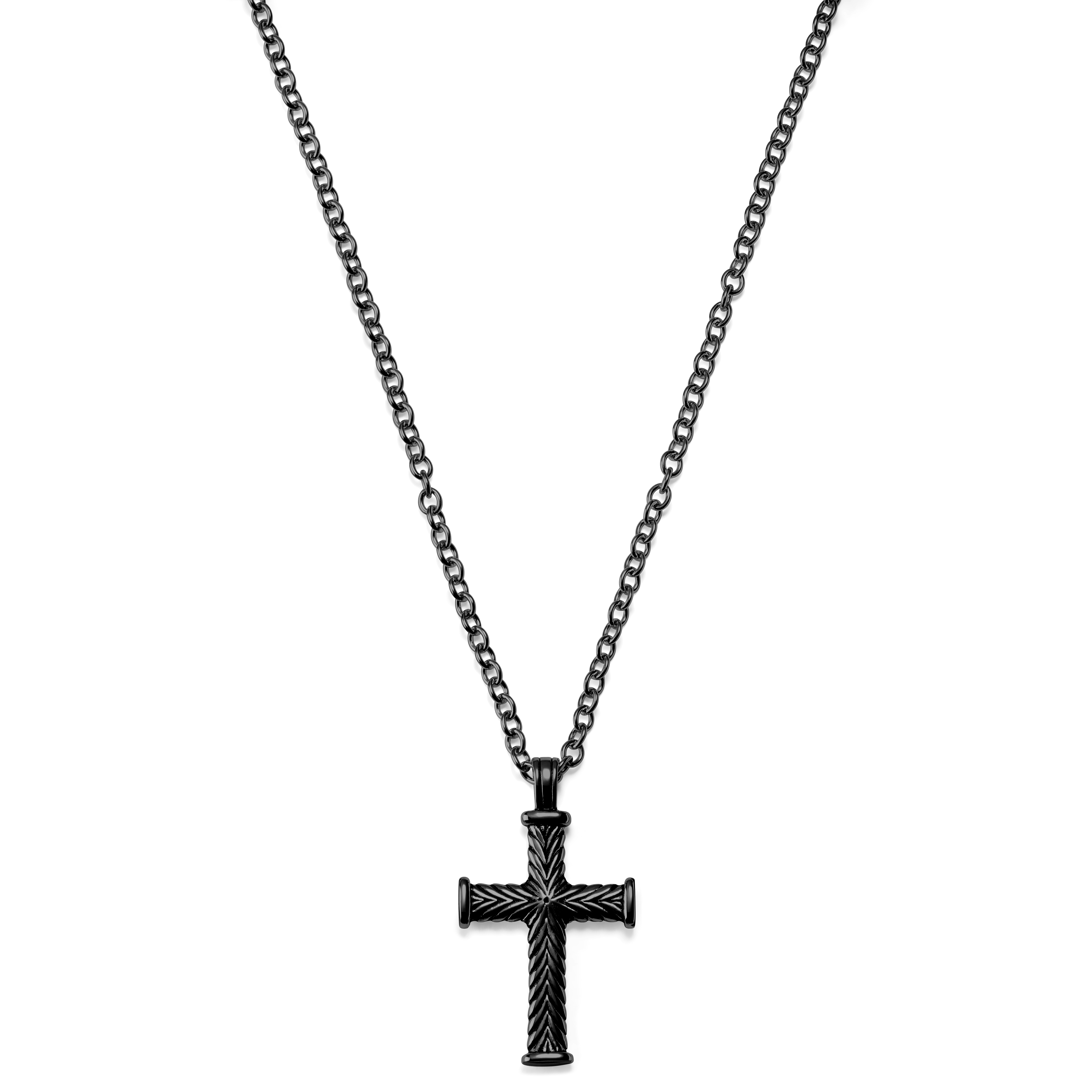 Black Cross Necklace with Leaf Design  - 3