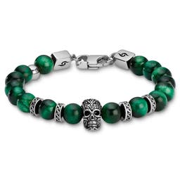 Rico | Grünes Tigerauge & silberfarbenes Totenkopf-Armband aus Edelstahl
