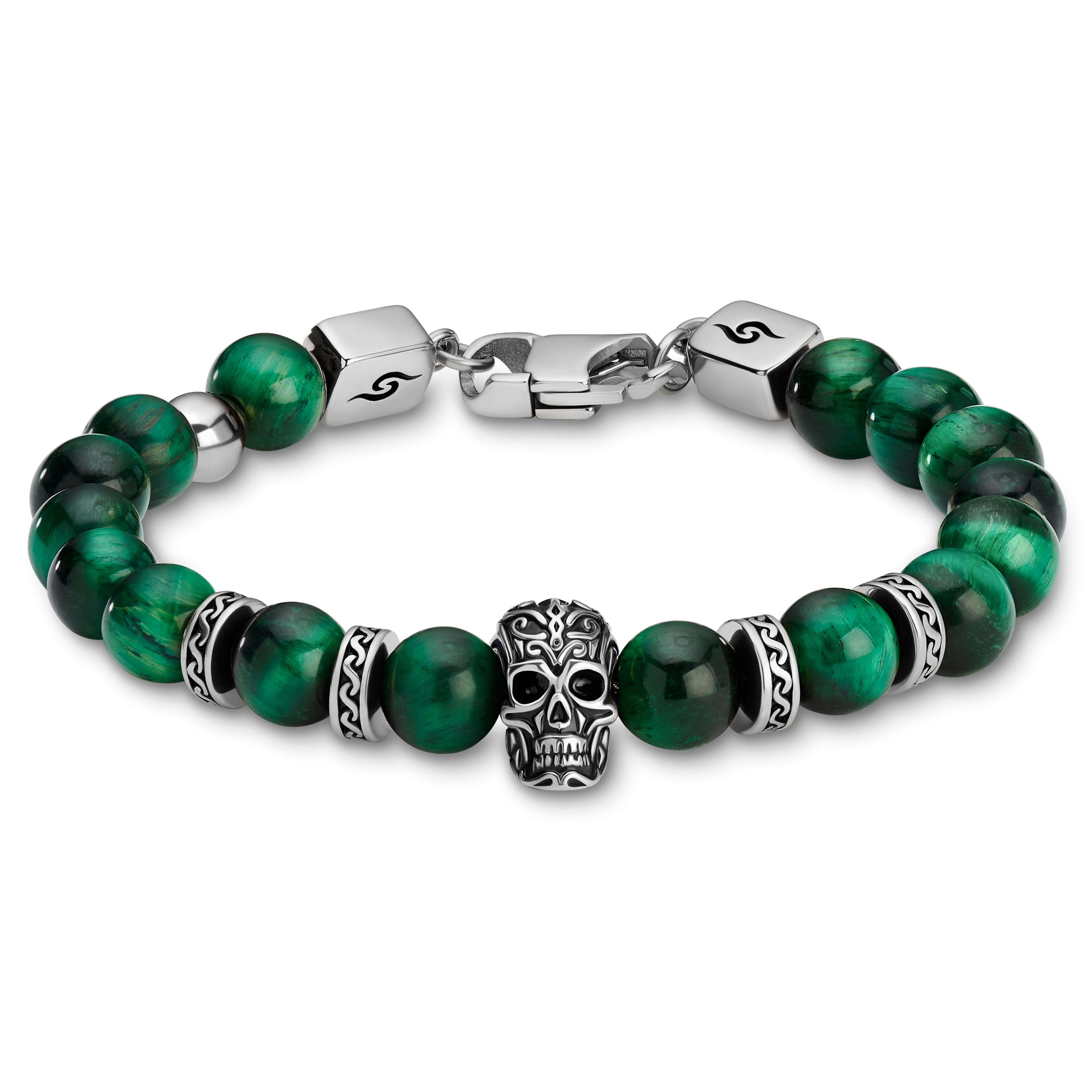 Rico | Green Tiger’s Eye & Silver-Tone Stainless Steel Skull Bracelet
