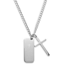 Icarus | Silver-Tone Stainless Steel Cross & Dog Tag Curb Chain Necklace