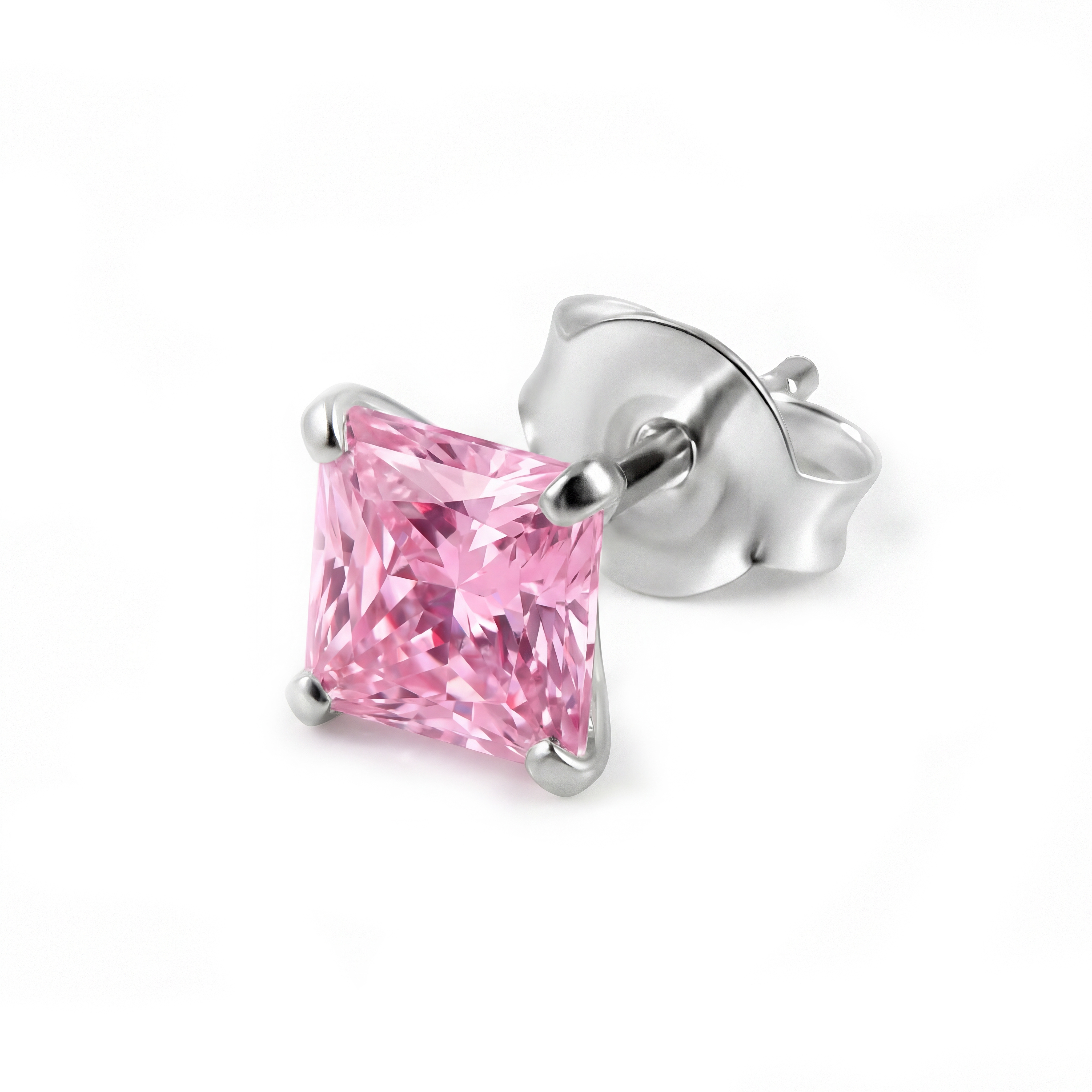 Lucid | 925 Sterlinghopea 6mm Vaaleanpunainen Neliö Zirkonia Nappikorvakoru