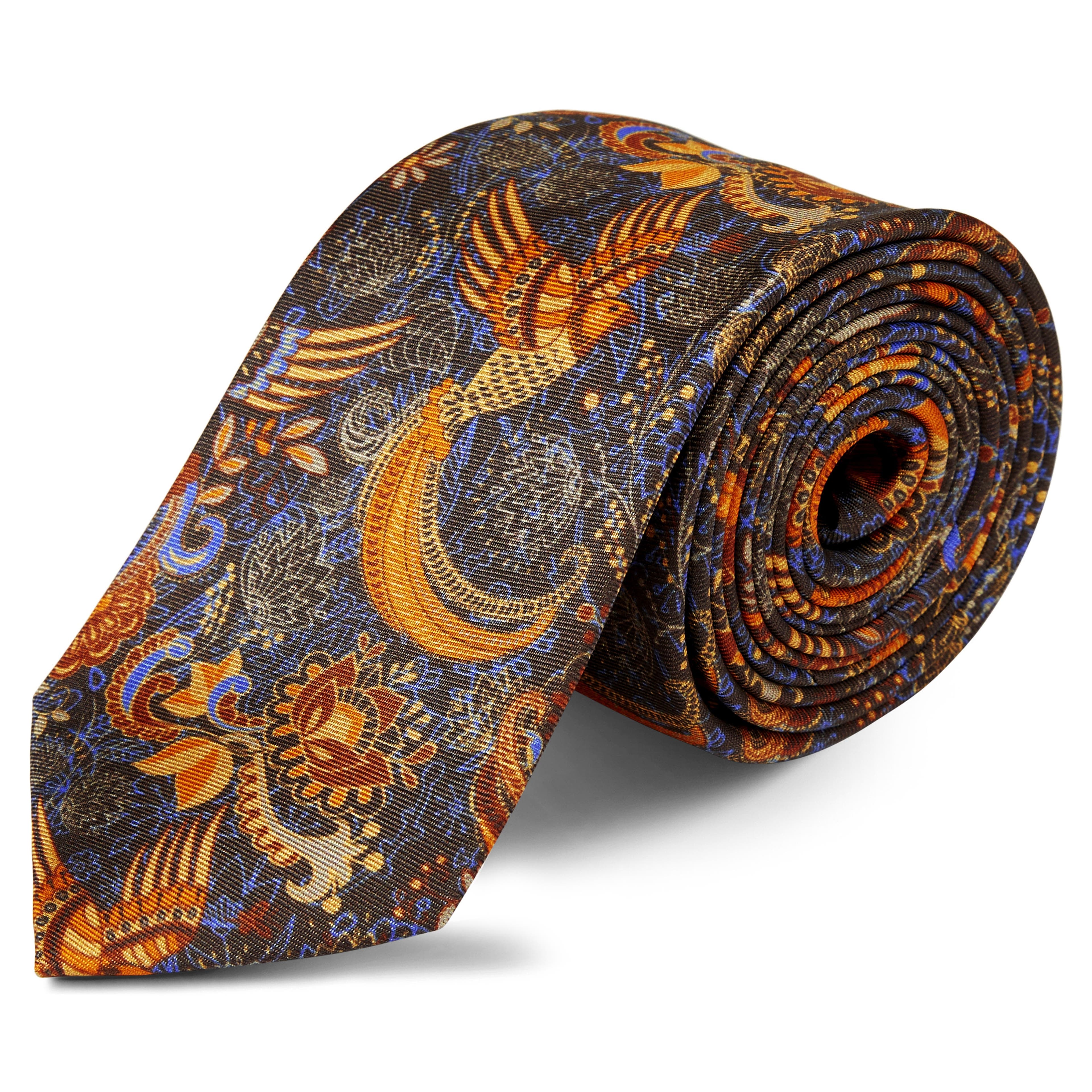 Boho | Dark Brown & Orange Bird Pattern Silk Tie
