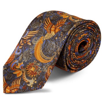 Boho | Dark Brown & Orange Bird Pattern Silk Tie