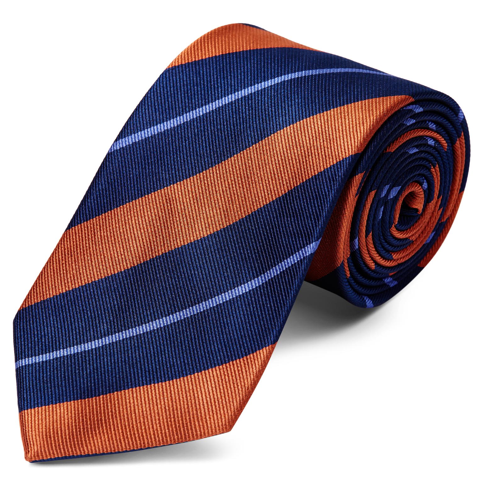 Corbata de 8 cm de seda azul marino con rayas en naranja y azul pastel Corbata de 8 cm de seda azul marino con rayas en naranja y azul pastel