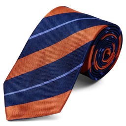 Cravată 8 cm din mătase cu dungi bleumarin, albastru pastel și portocalii