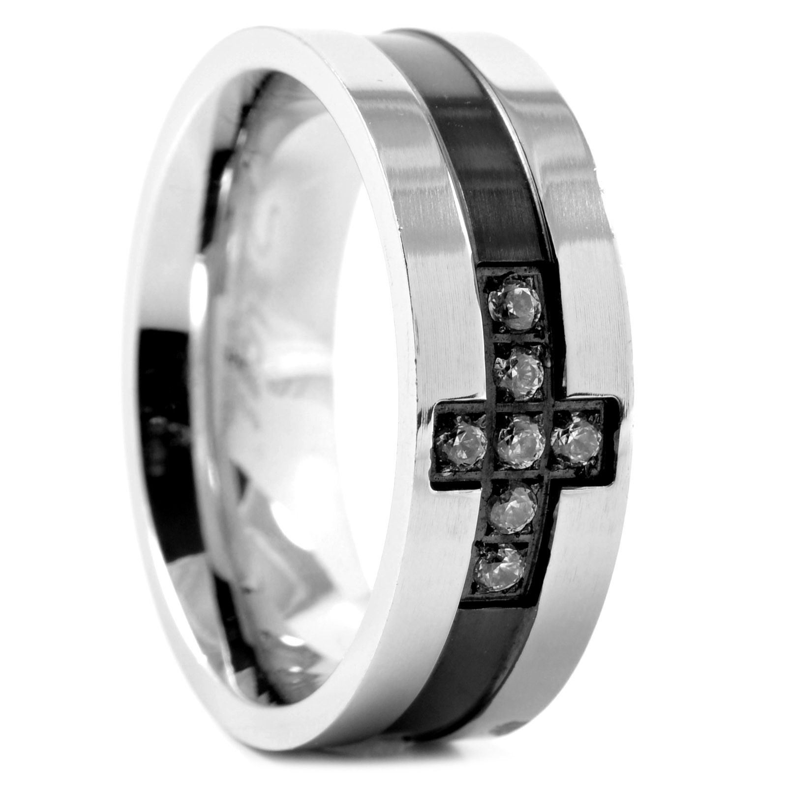 Schwarzer Kreuz Stahlring Mit Zirkonia  - 1