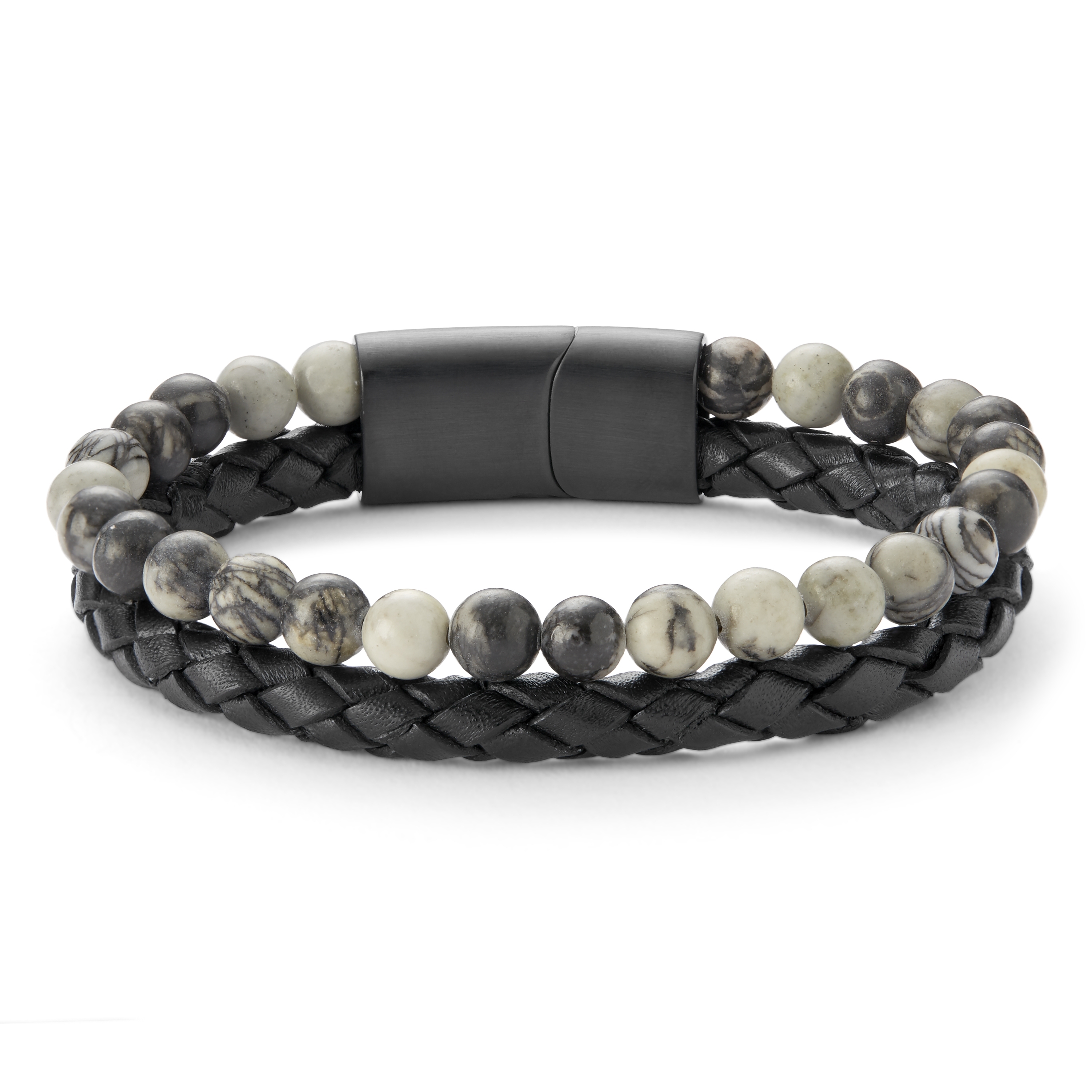 Grey Stone & Leather Icon Bracelet  - 2