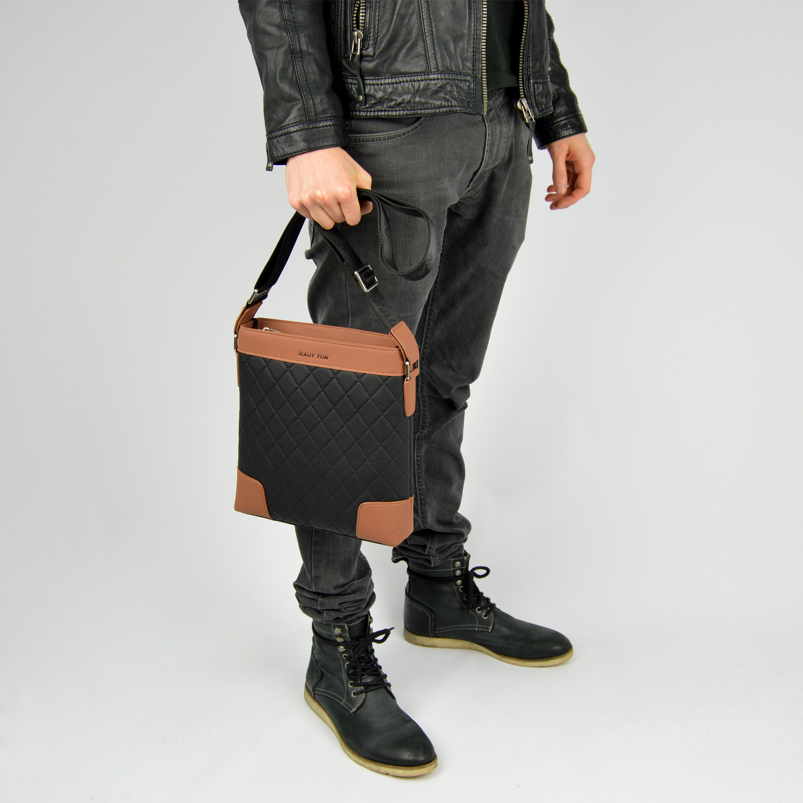 Schwarze & Braune Karo Ledertasche - 11