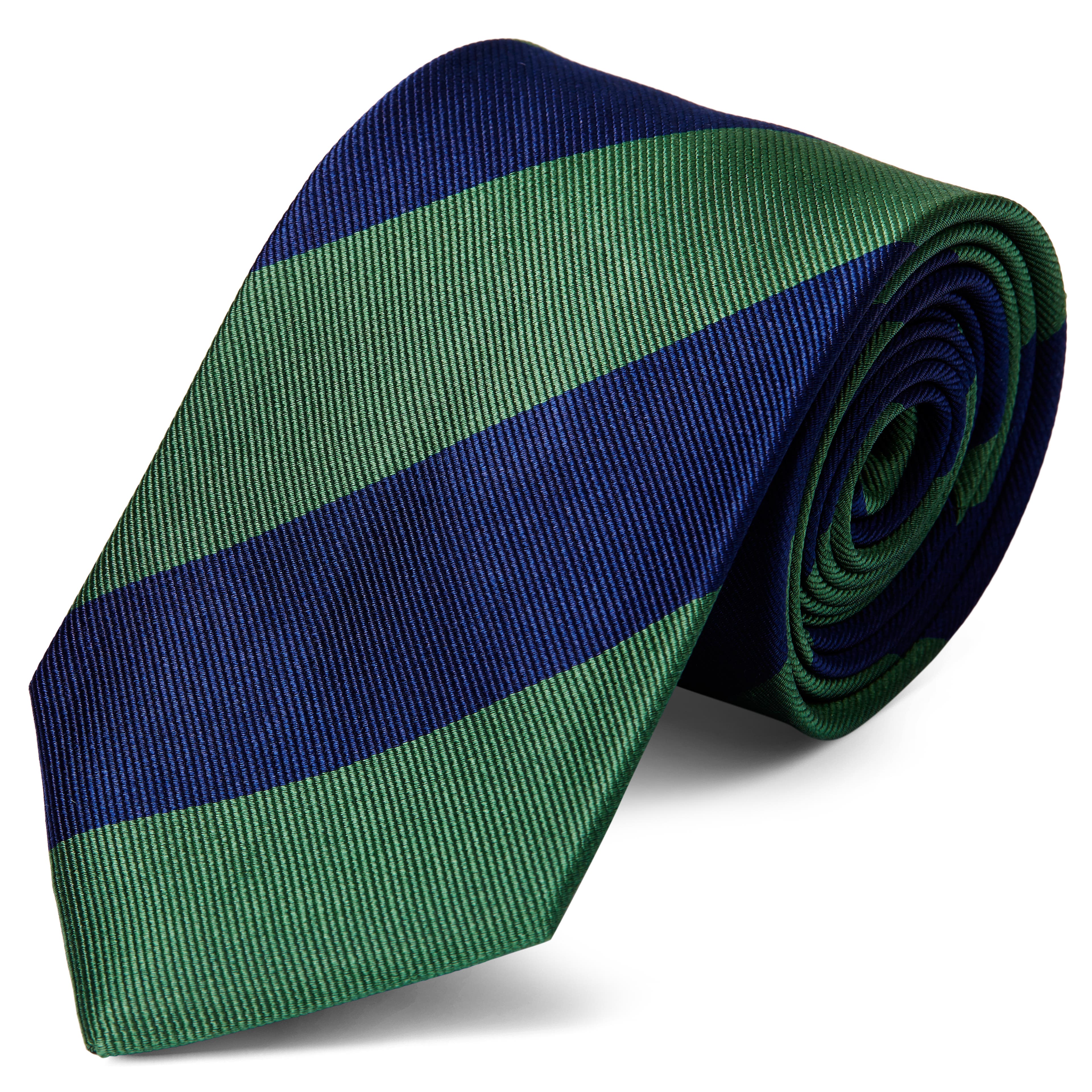 Cravată 8 cm din mătase cu dungi bleumarin și verzi