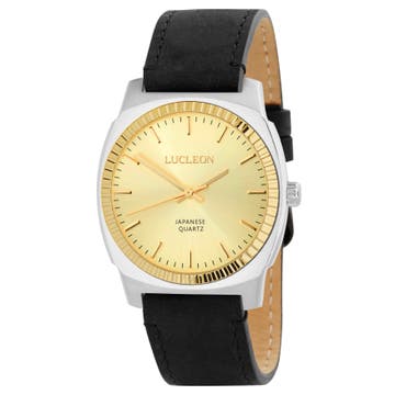 Major | Silver-Tone Minimalist Watch With Gold-Tone Dial & Black Leather Strap
